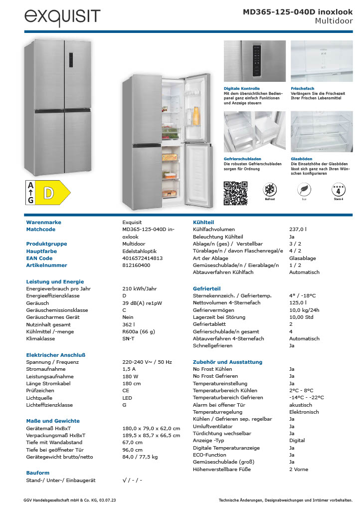 Exquisit MD365-125-040D inox – Side-by-Side-Kühlschrank mit No-Frost, 362 Liter, Edelstahl-Optik Exquisit MD365-125-040D inox – Side-by-Side-Kühlschrank mit No-Frost, 362 Liter, Edelstahl-Optik