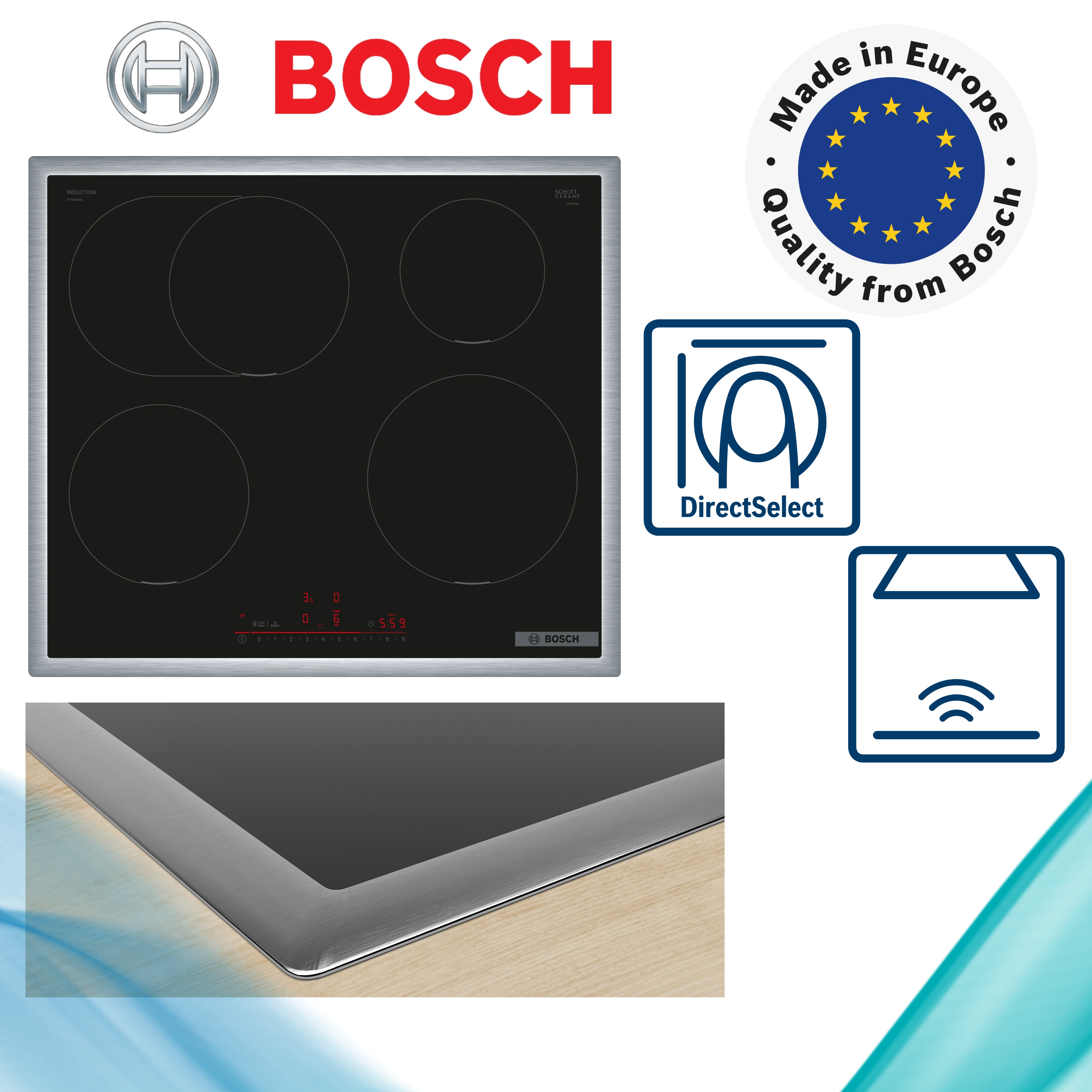 Bosch PIF645HB1E Induktionskochfeld  flacher, breiter Rahmen  autark  aufliegender Einbau