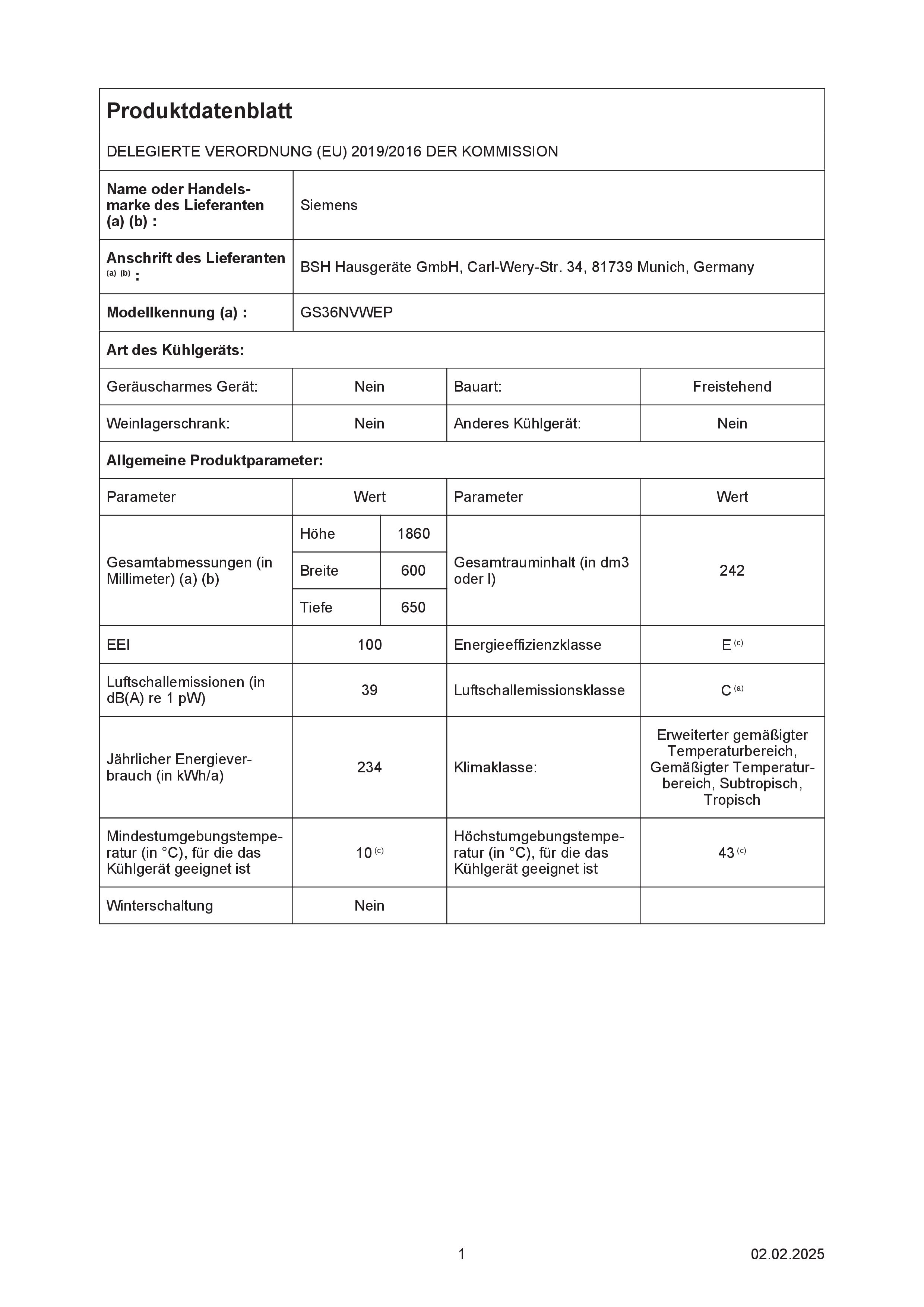 Siemens GS36NVWEP Standgefrierschrank 234 kWh/Jahr 242 Liter Siemens GS36NVWEP Standgefrierschrank 234 kWh/Jahr 242 Liter