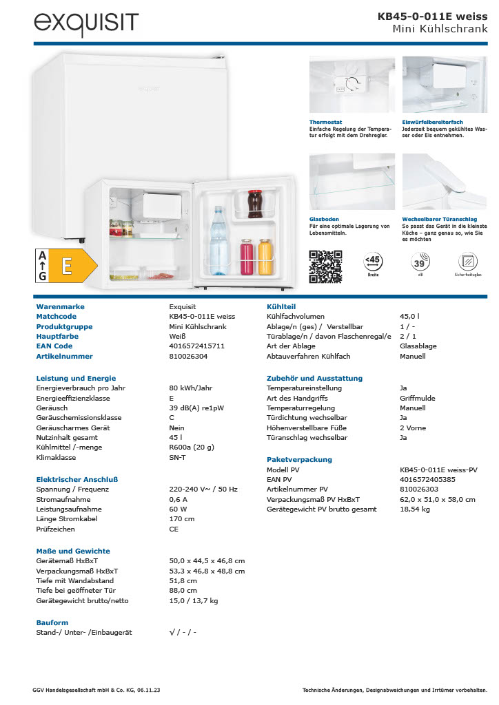 Exquisit KB45-0-011E – Kompakter Mini Kühlschrank, 45 Liter, Energieeffizienzklasse E, weiß