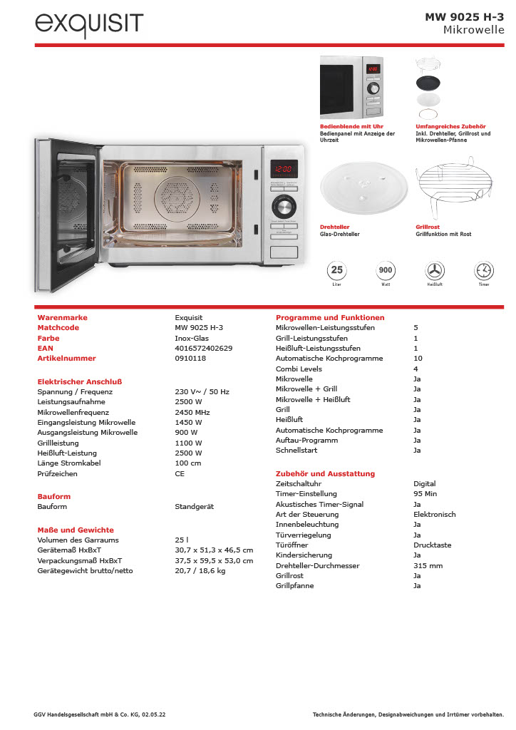 Exquisit MW 9025H-3 Kombi-Mikrowelle, Grill und Heißluft, 900W, Edelstahl Exquisit MW 9025H-3 Kombi-Mikrowelle, Grill und Heißluft, 900W, Edelstahl