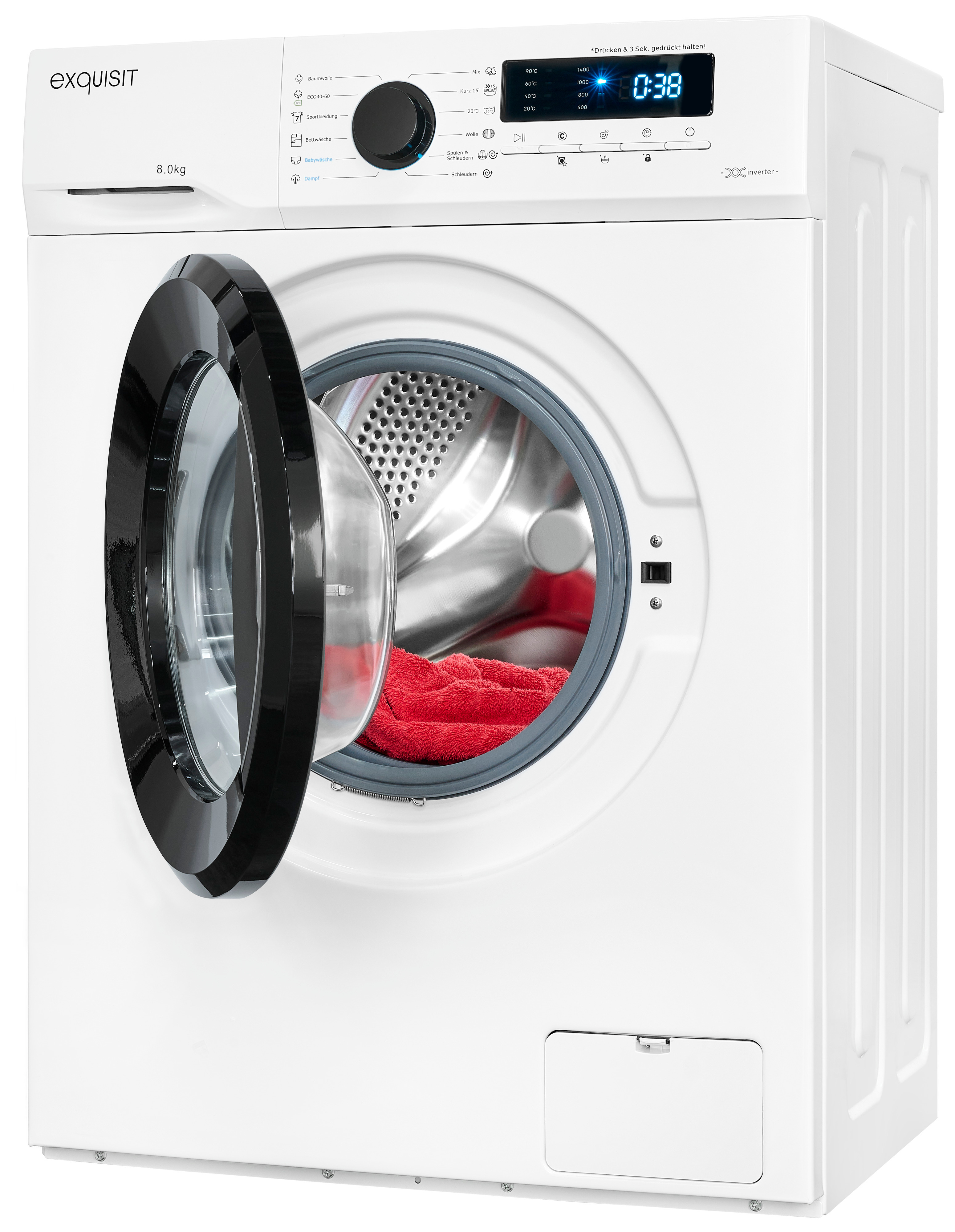 Exquisit WA8014-020A Waschmaschine – 8 kg, Energieeffizienz A, 1400 U/Min, Schwarz-Weiß