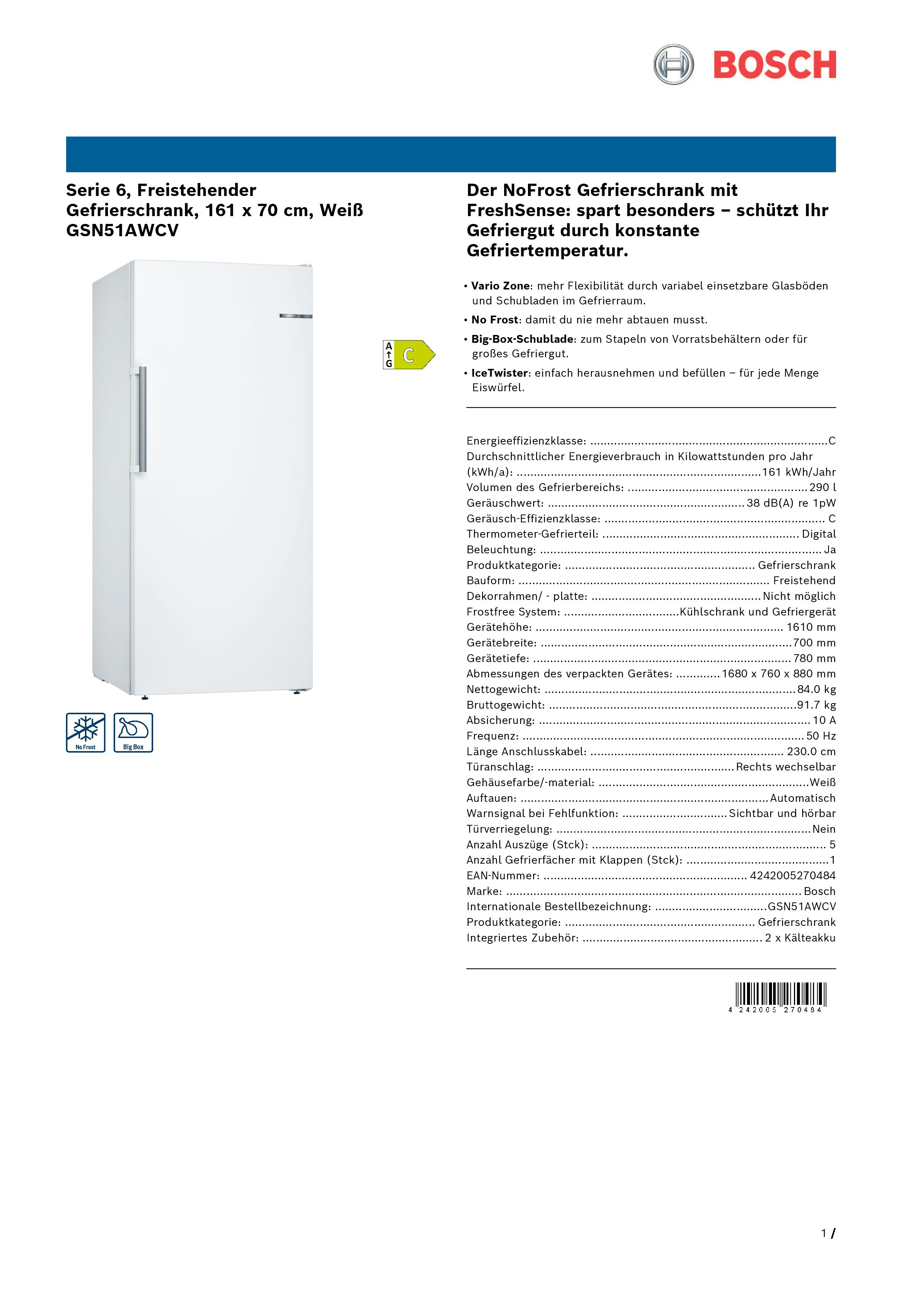 Bosch GSN51AWCV Gefrierschrank freistehend 290 Liter Bosch GSN51AWCV Gefrierschrank freistehend 290 Liter