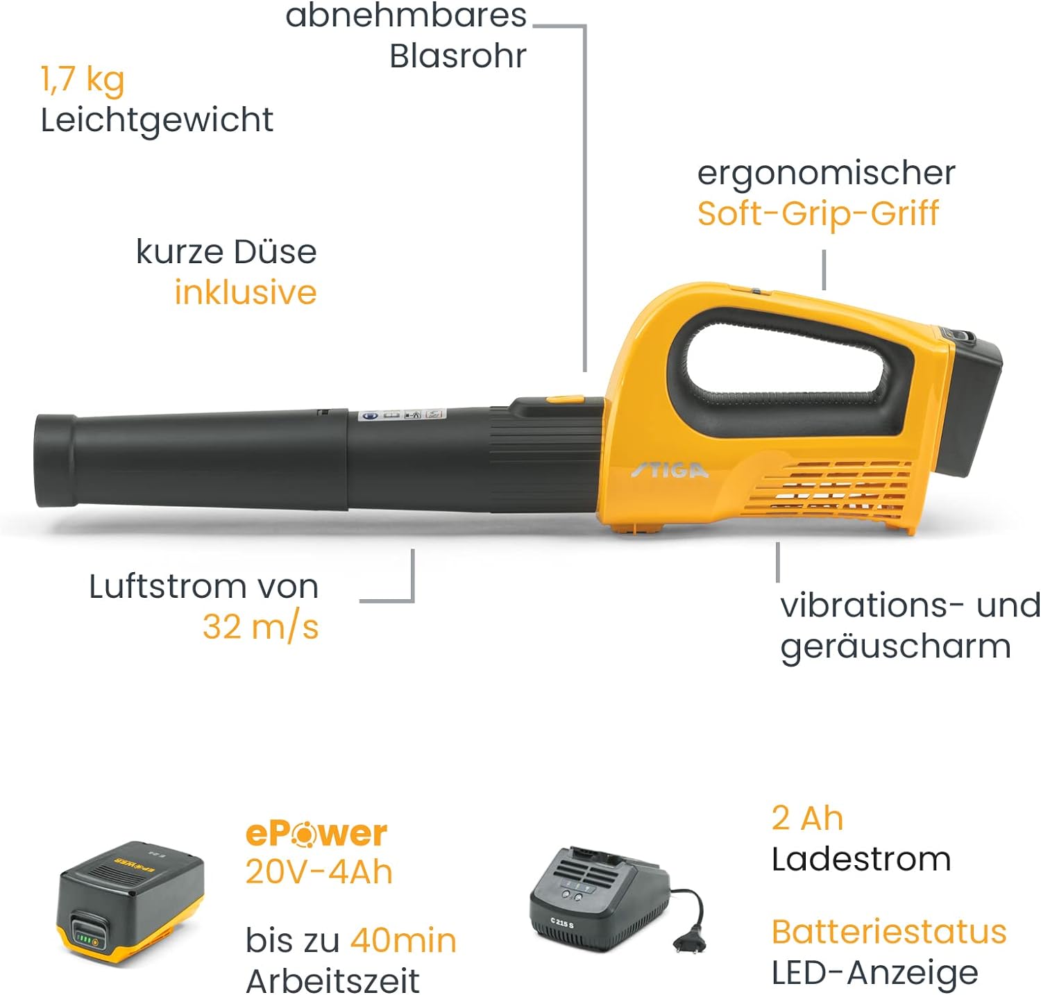 Stiga BL 100e Kit 20V Stiga  Akku-Laubbläser  Gebläsegeschwindigkeit 129 km/h  