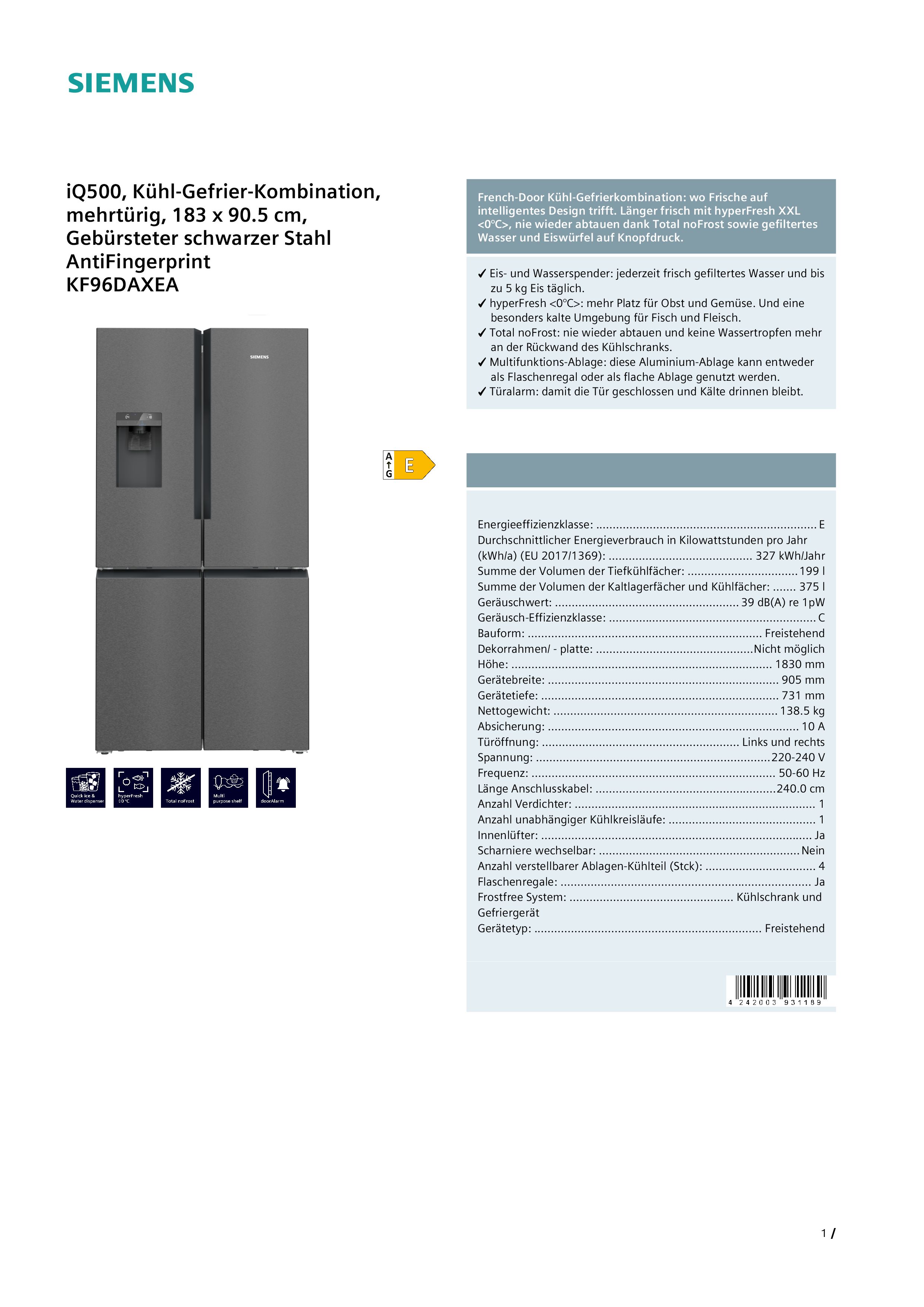 Siemens KF96DAXEA Kühl-Gefrier-Kombination mehrtürig Siemens KF96DAXEA Kühl-Gefrier-Kombination mehrtürig