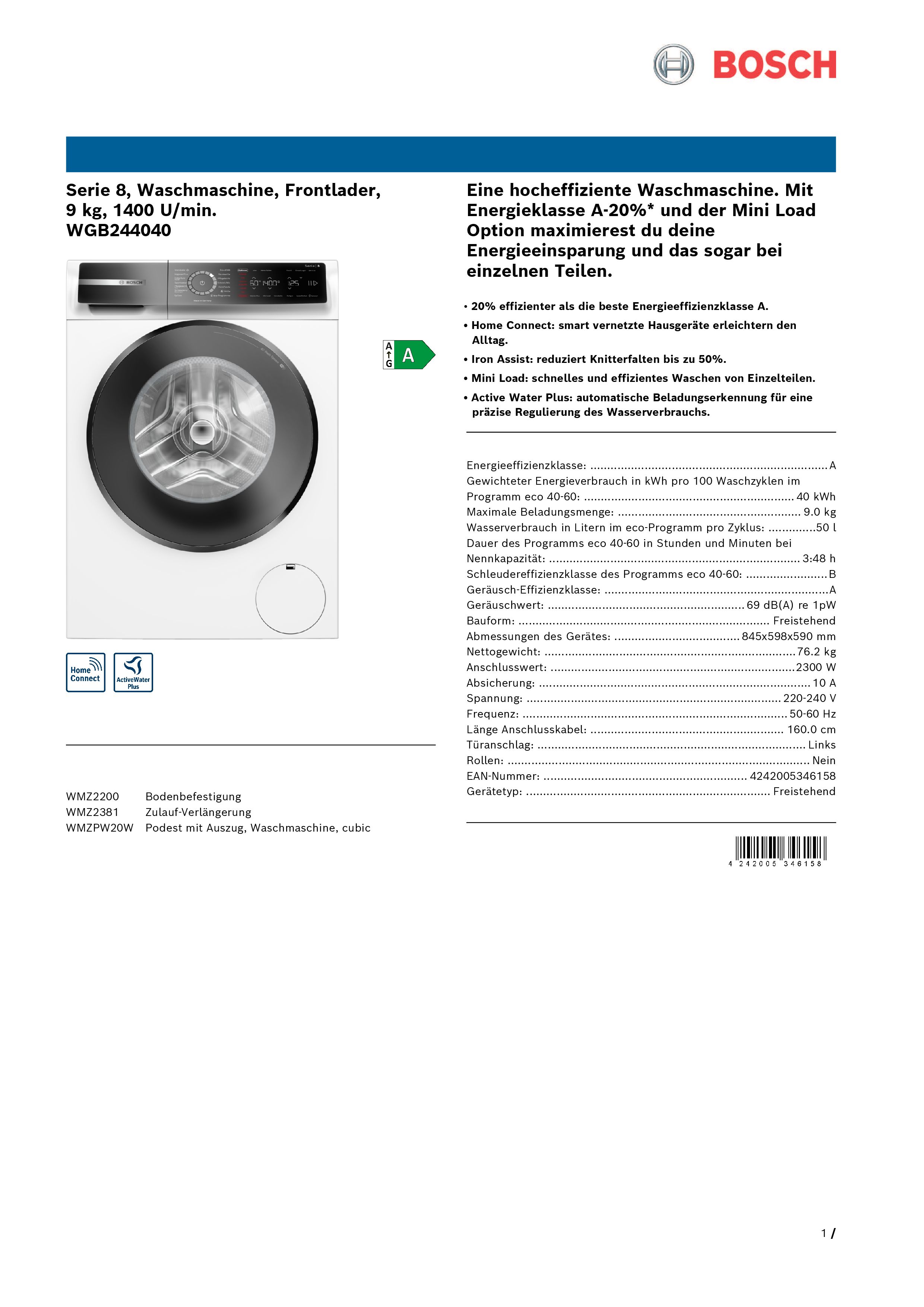 Bosch WGB244040 Waschmaschine Frontlader 9 kg 1.400 U/Min WLAN (Wi-Fi) Bosch WGB244040 Waschmaschine Frontlader 9 kg 1.400 U/Min WLAN (Wi-Fi)