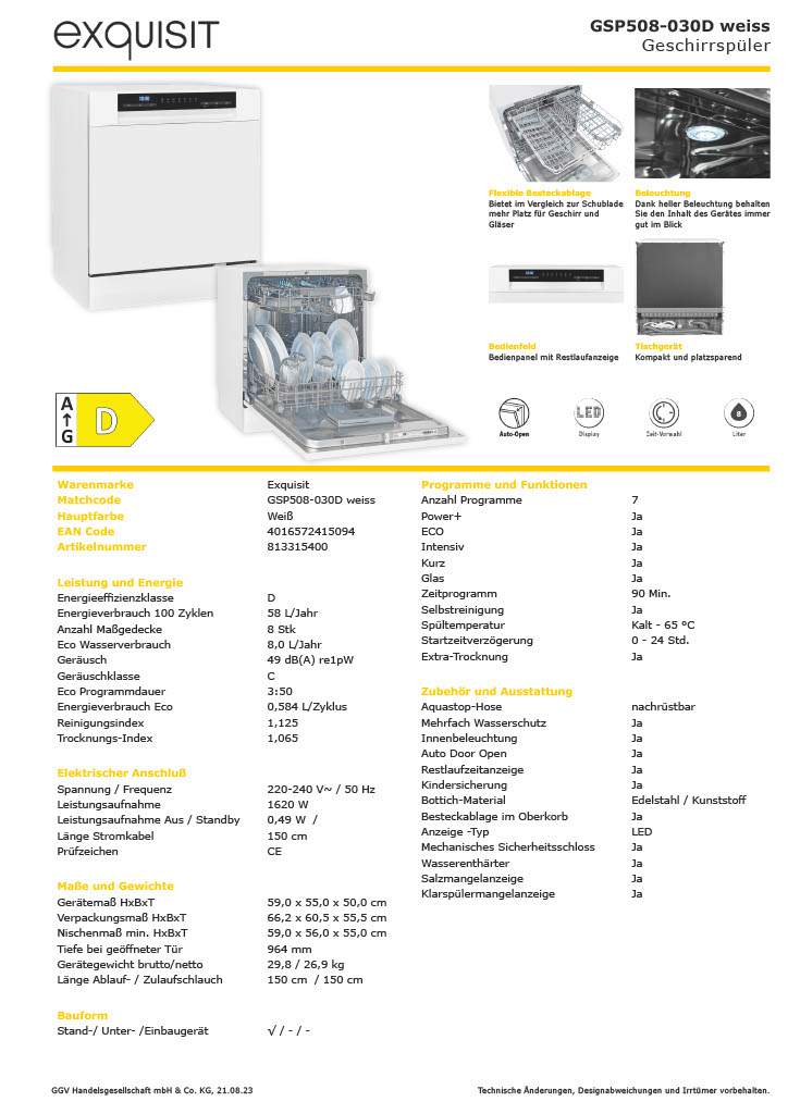 Exquisit GSP508-030D Tischgeschirrspüler, 8 Maßgedecke, kompakt, weiß Exquisit GSP508-030D Tischgeschirrspüler, 8 Maßgedecke, kompakt, weiß