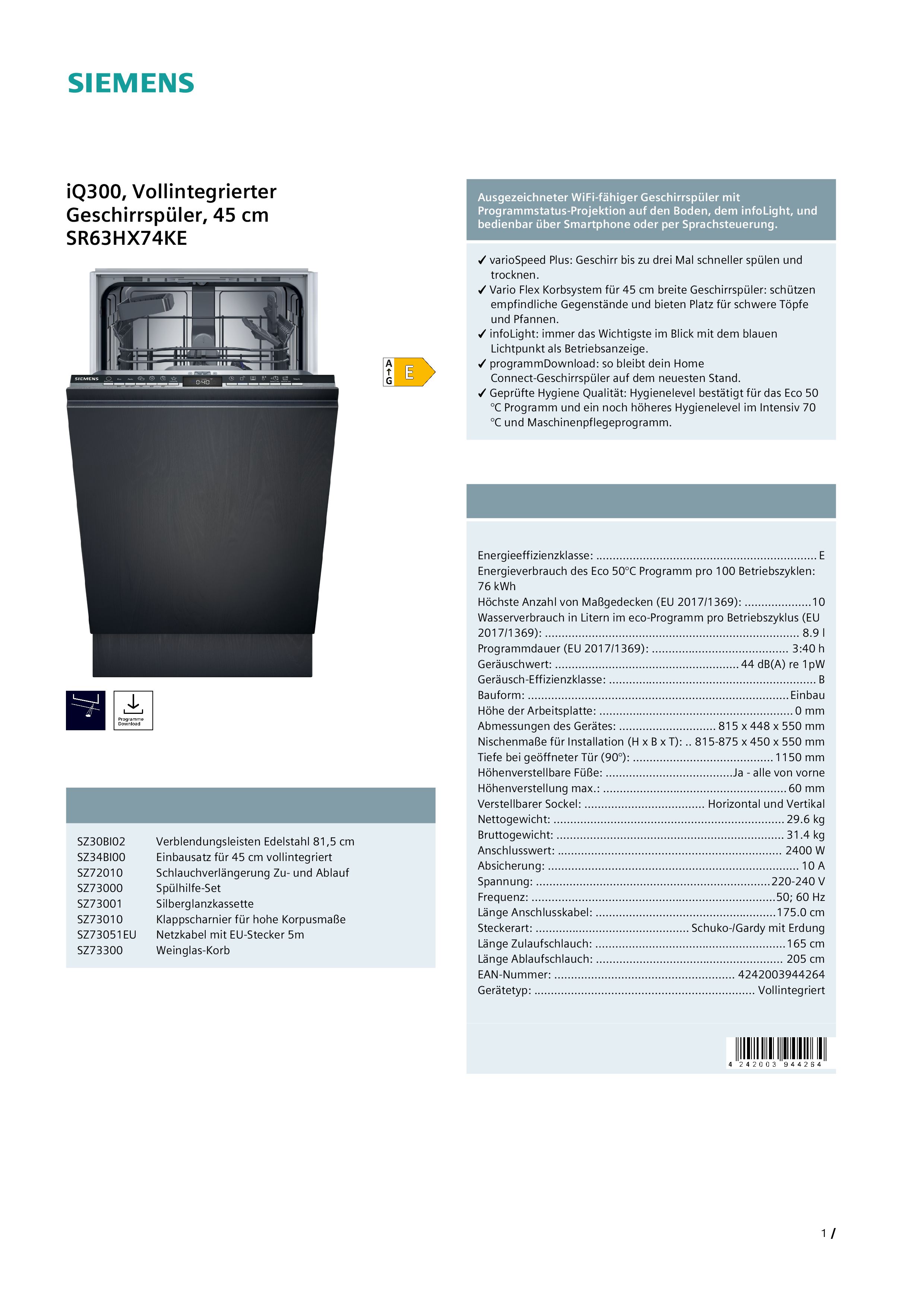 Siemens Ausstellungsstück SR63HX74KE Einbaugeschirrspüler vollintegrierbar MG 860 Siemens Ausstellungsstück SR63HX74KE Einbaugeschirrspüler vollintegrierbar MG 860
