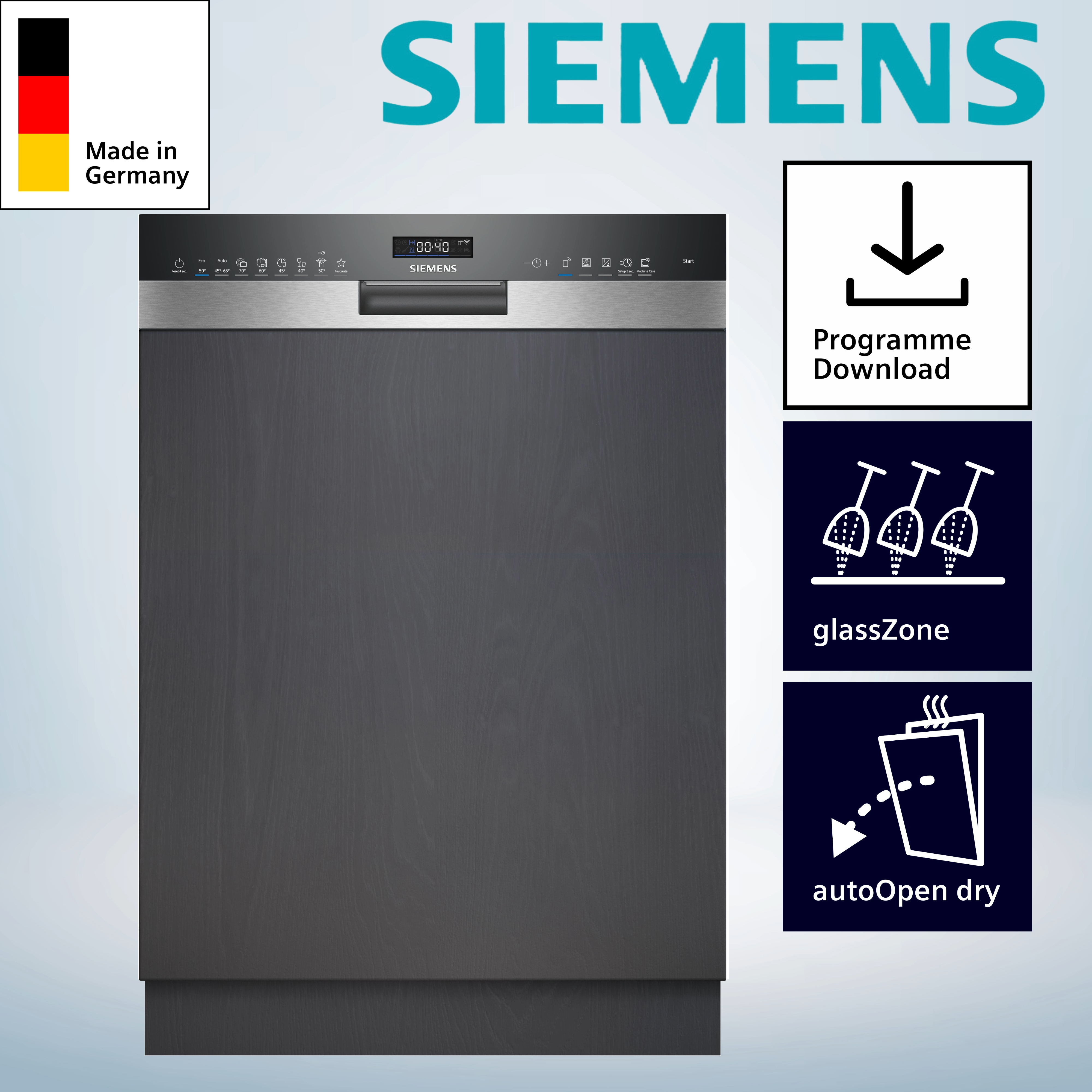 Siemens SN55ES12CE Smarter Geschirrspüler, Teilintegrierter Geschirrspüler, 60 cm, Gebürsteter Stahl 