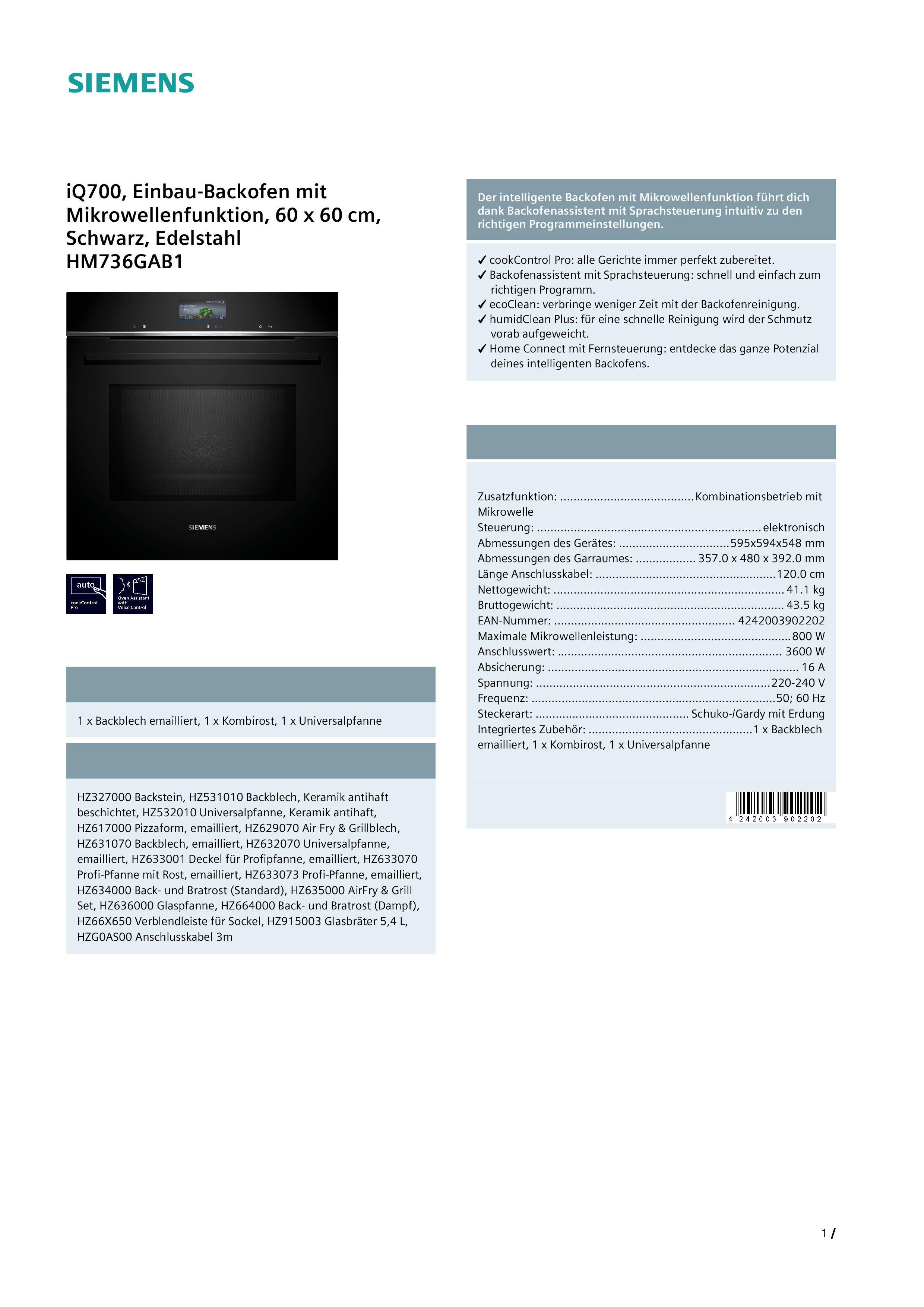 Siemens HM736GAB1 Elektrobackofen 67 Liter Hydrolyse WLAN-fähig Teleskopauszug Heißluft Mikrowelle Siemens HM736GAB1 Elektrobackofen 67 Liter Hydrolyse WLAN-fähig Teleskopauszug Heißluft Mikrowelle