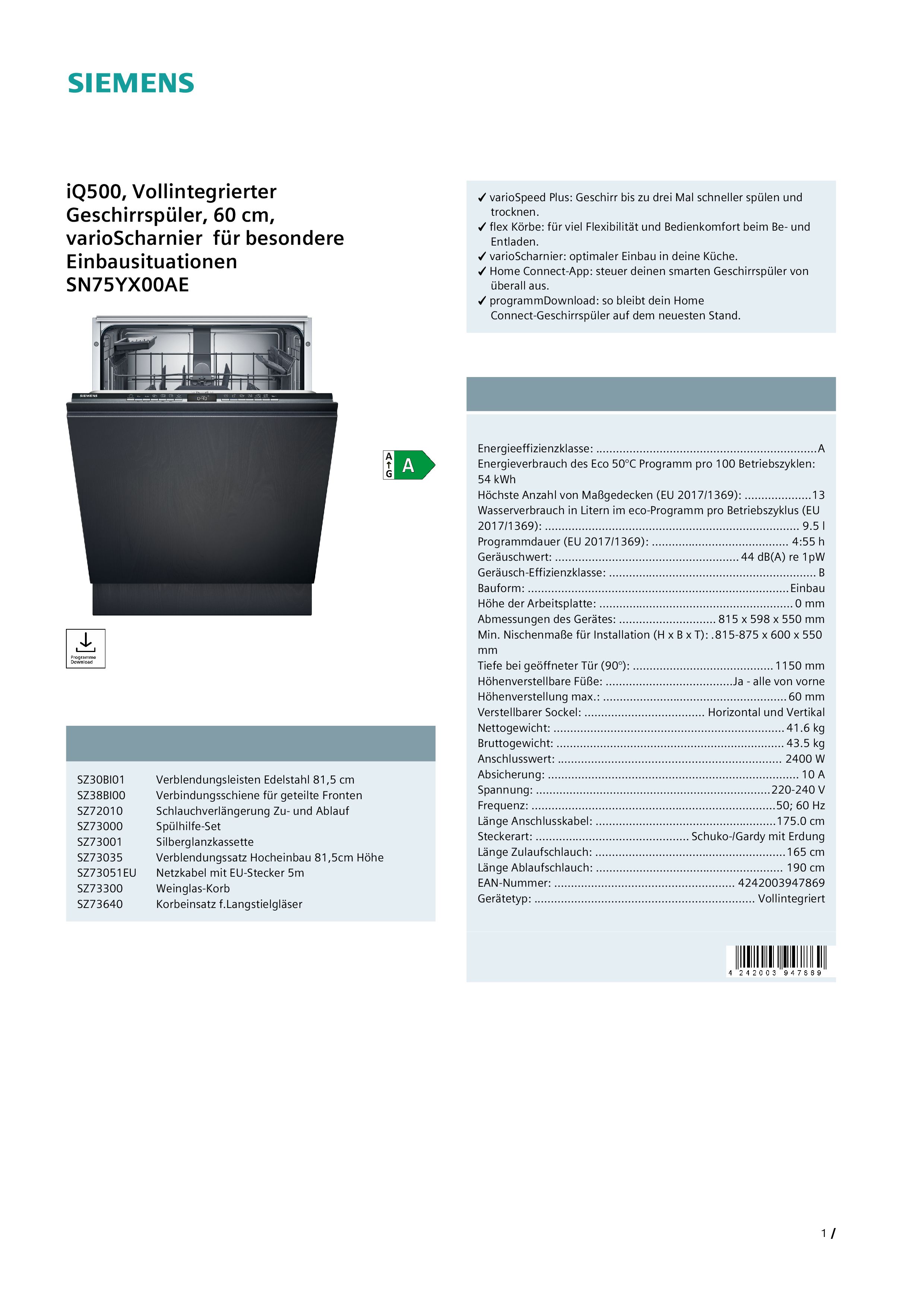 Siemens Ausstellungsstück SN75YX00AE Einbaugeschirrspüler  vollintegrierbar  MG 868