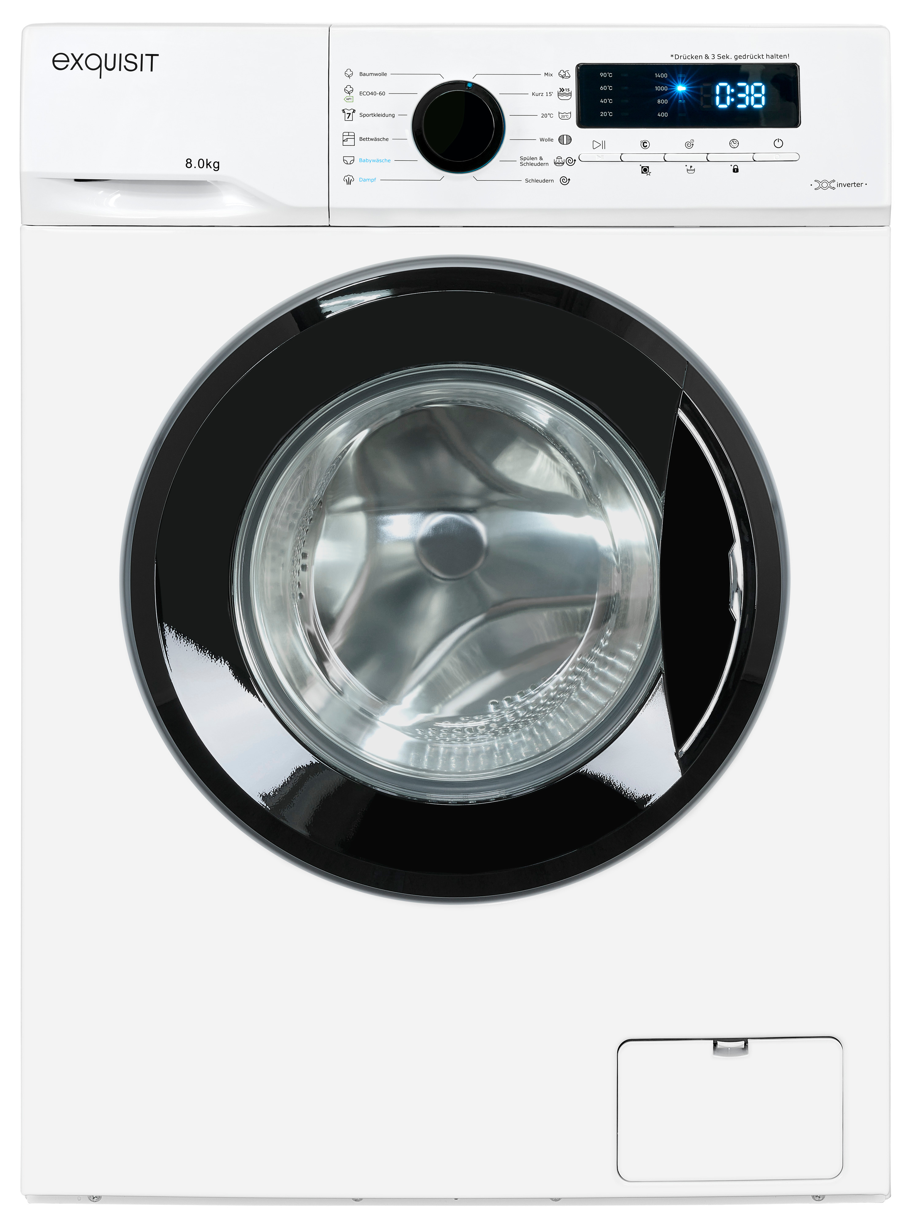 Exquisit WA8014-020A Waschmaschine – 8 kg, Energieeffizienz A, 1400 U/Min, Schwarz-Weiß