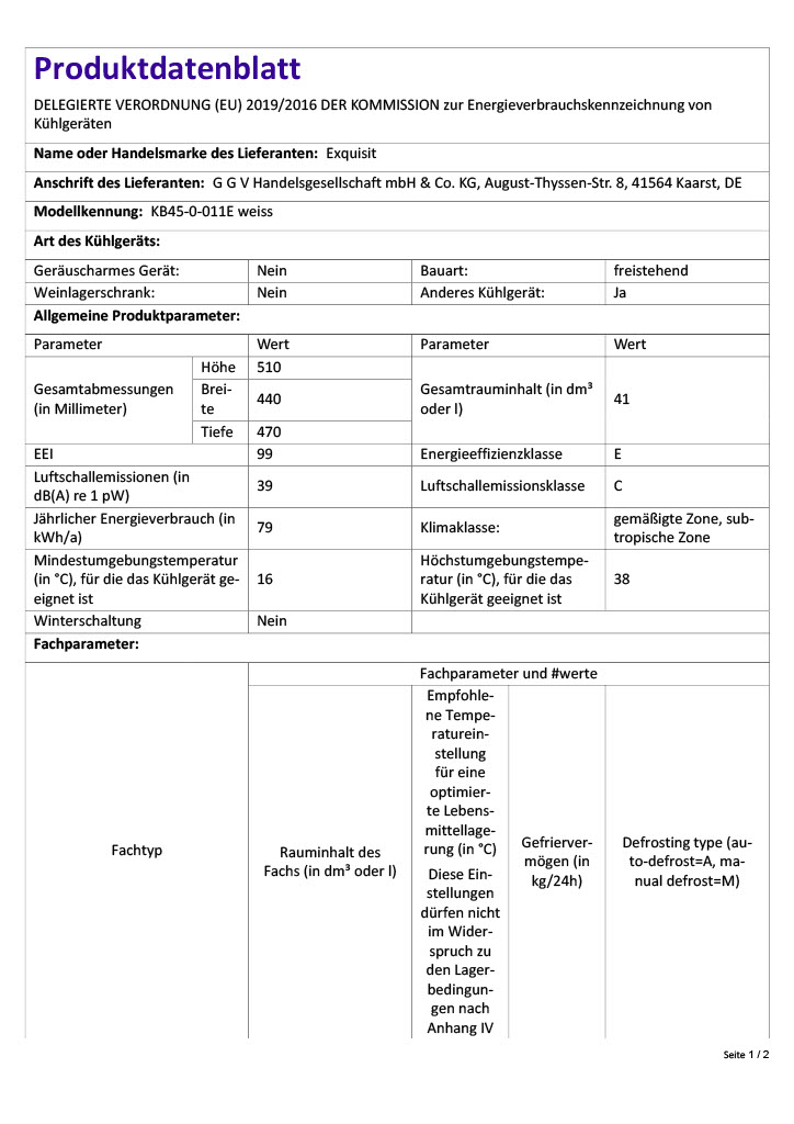 Exquisit KB45-0-011E – Kompakter Mini Kühlschrank, 45 Liter, Energieeffizienzklasse E, weiß