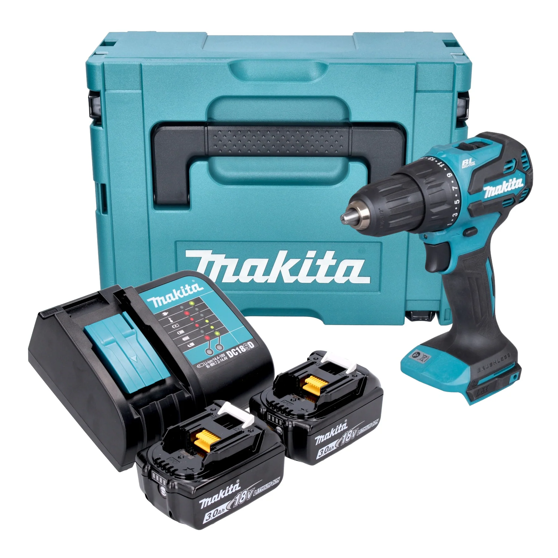 Makita DHP490SFJ Akku-Schlagbohrschrauber 18 V – 65 Nm, Brushless, 2-Gang, Schnellspannbohrfutter 