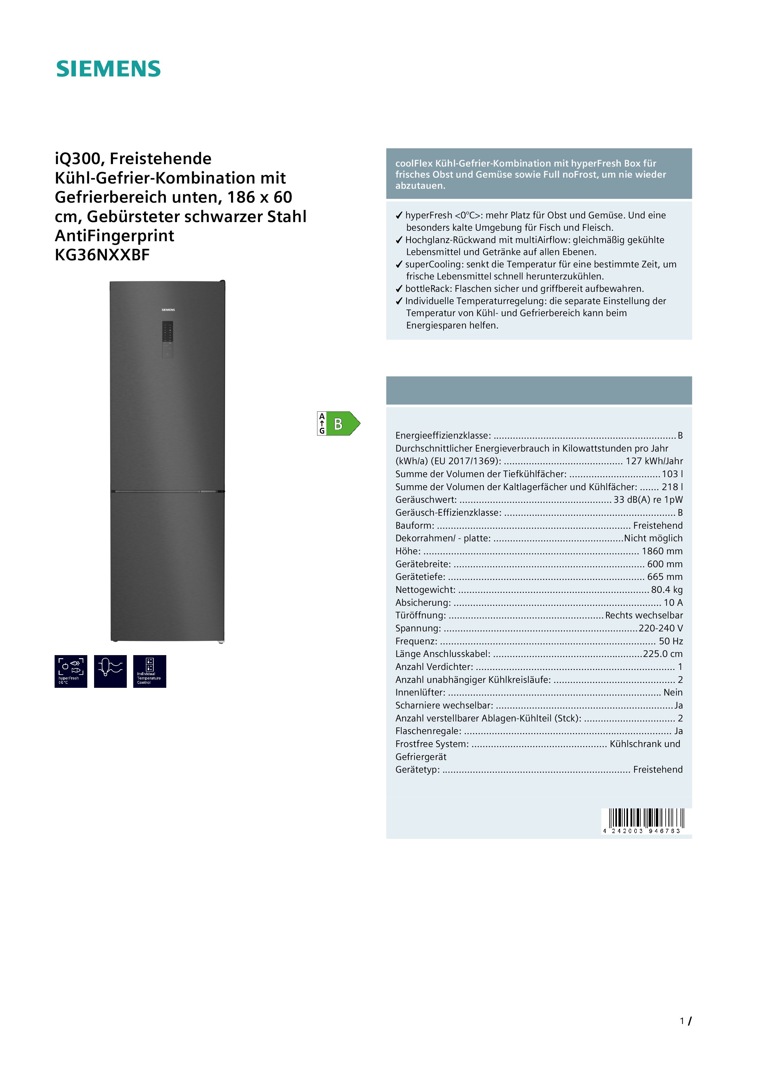 Siemens KG36NXXBF Kühl-Gefrier-Kombination, 186 x 60 cm Standgerät Siemens KG36NXXBF Kühl-Gefrier-Kombination, 186 x 60 cm Standgerät