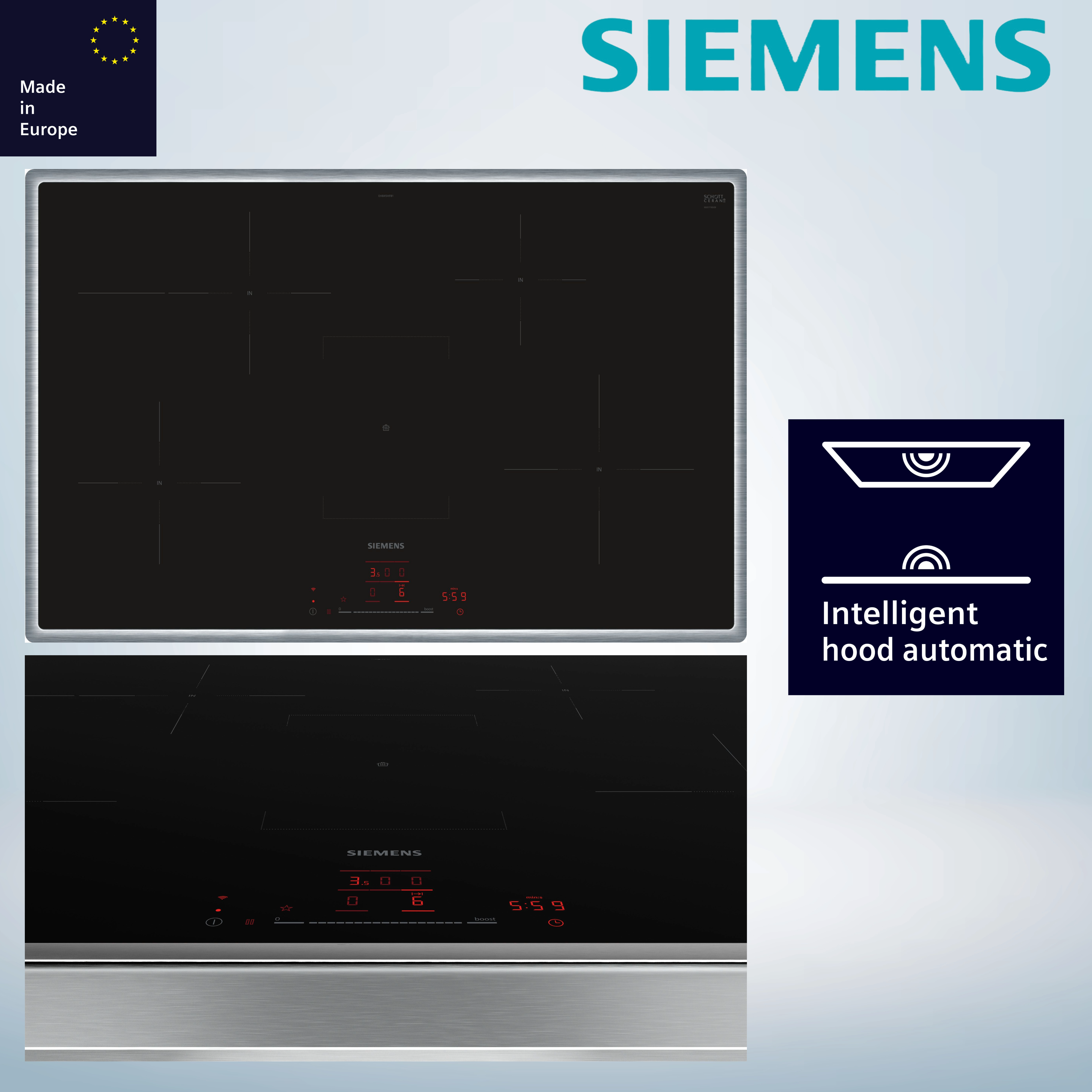 Siemens EH845HFB1E Induktionskochfeld  flacher, breiter Rahmen  autark  aufliegender Einbau  Standardbreite 85 