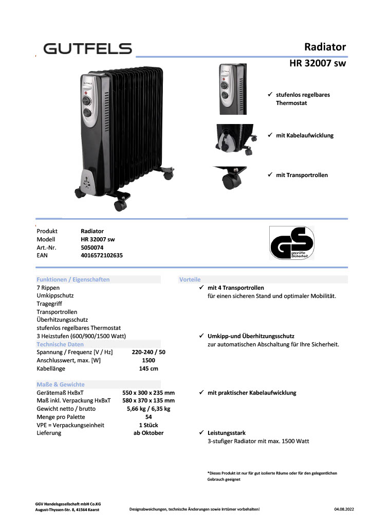 Gutfels Ölradiator HR 32007, 1500W – Kompakte und effiziente Heizlösung, Schwarz