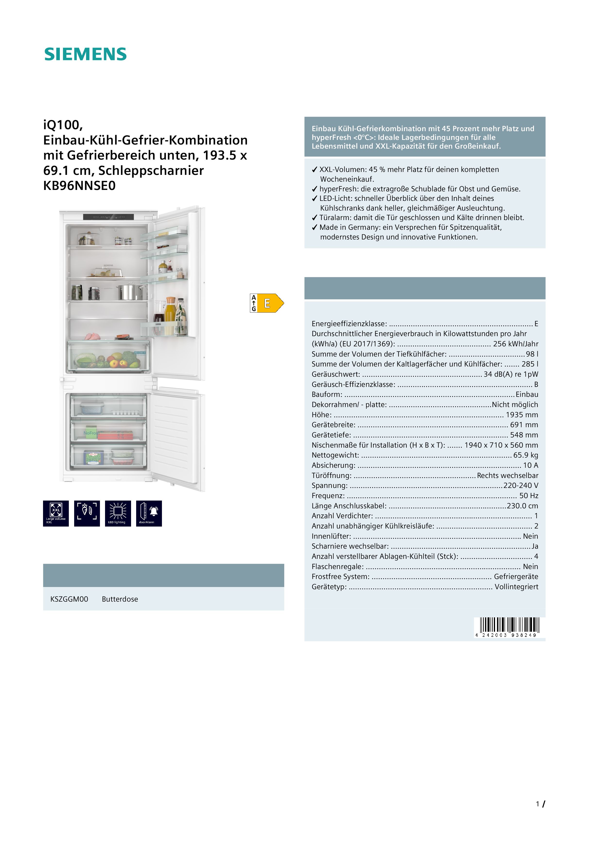 Siemens KB96NNSE0 Einbau-Kühl-Gefrier-Kombination, 193,5 x 69,1 cm, 285 L Kühlen + 98 L Gefrieren