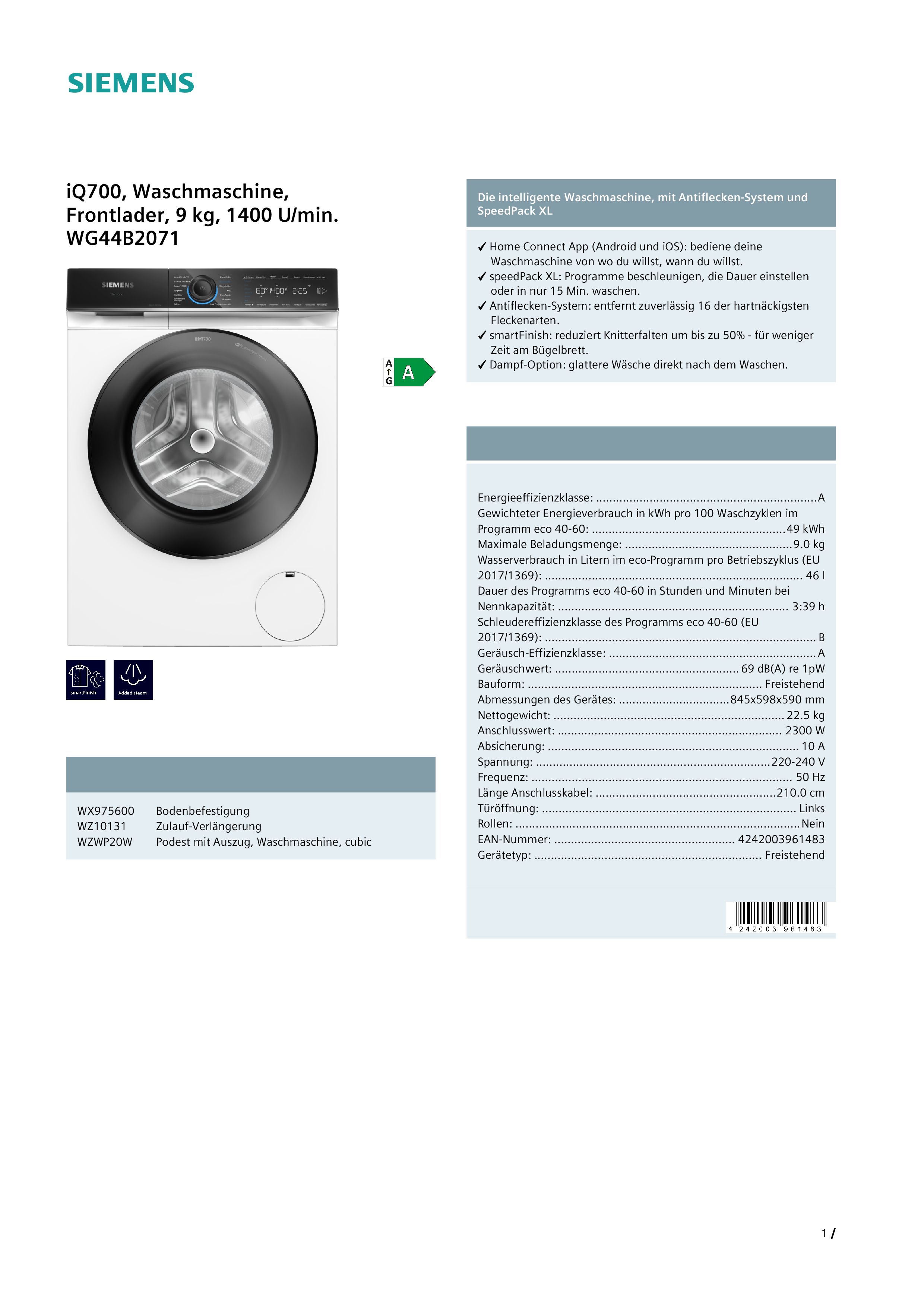 Siemens WG44B2071 Waschmaschine, Frontlader, 9 kg, 1400 U/min.