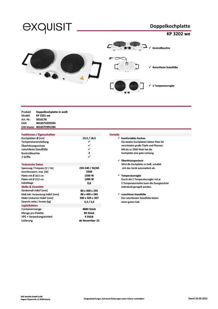 Exquisit KP 3202 we – Doppelkochplatte, 2500W, Weiß, Sicher und Kompakt
