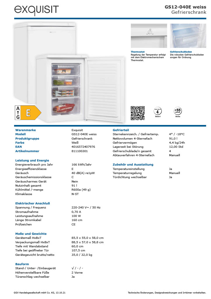 Exquisit GS12-040E Standgefrierschrank, 91L, 4 Sterne, SuperFrost, Energieeffizienz E
