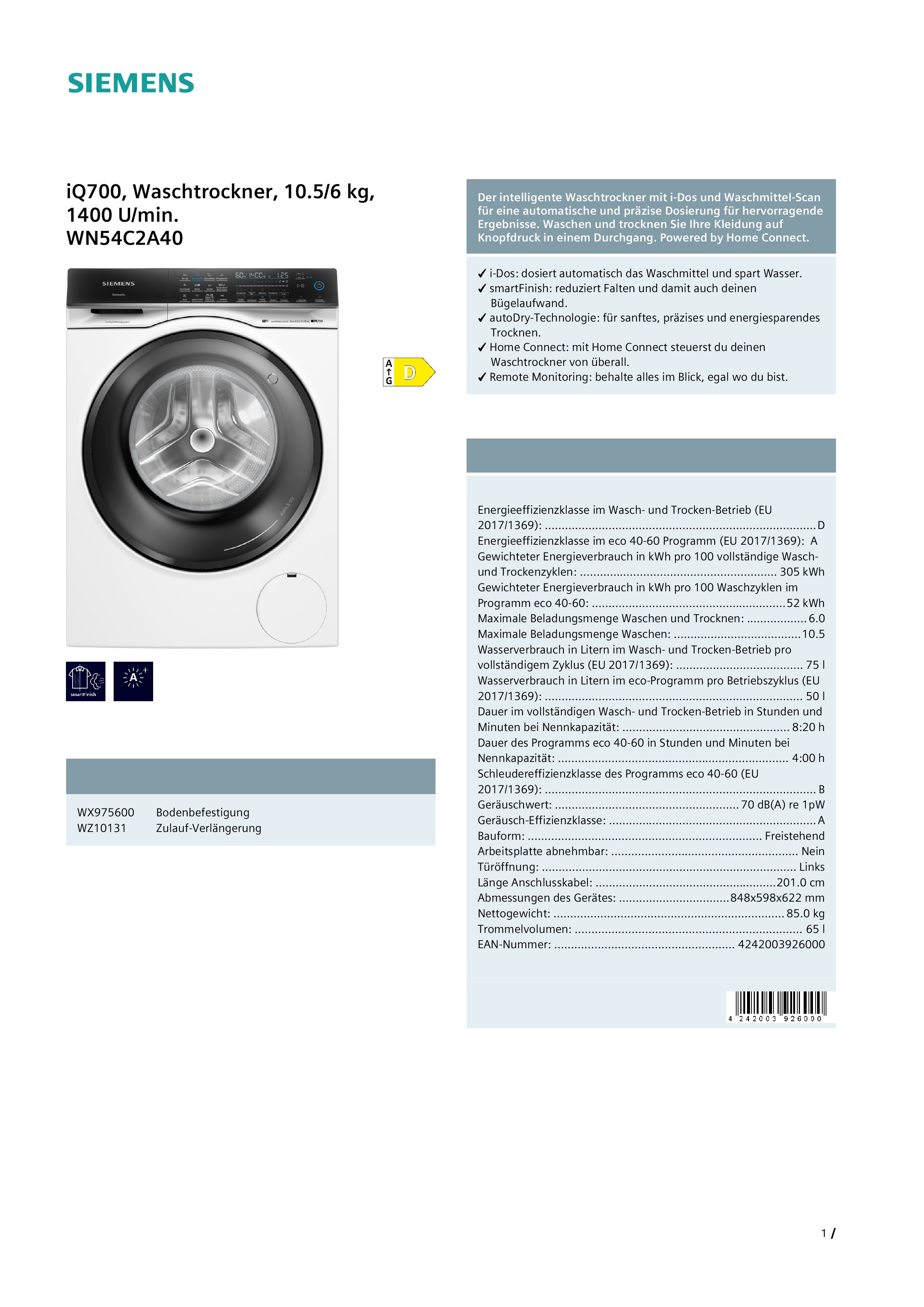 Siemens WN54C2A40 iQ700 Smarter Waschtrockner 10,5/6 kg, i-Dos - automatische Dosierung