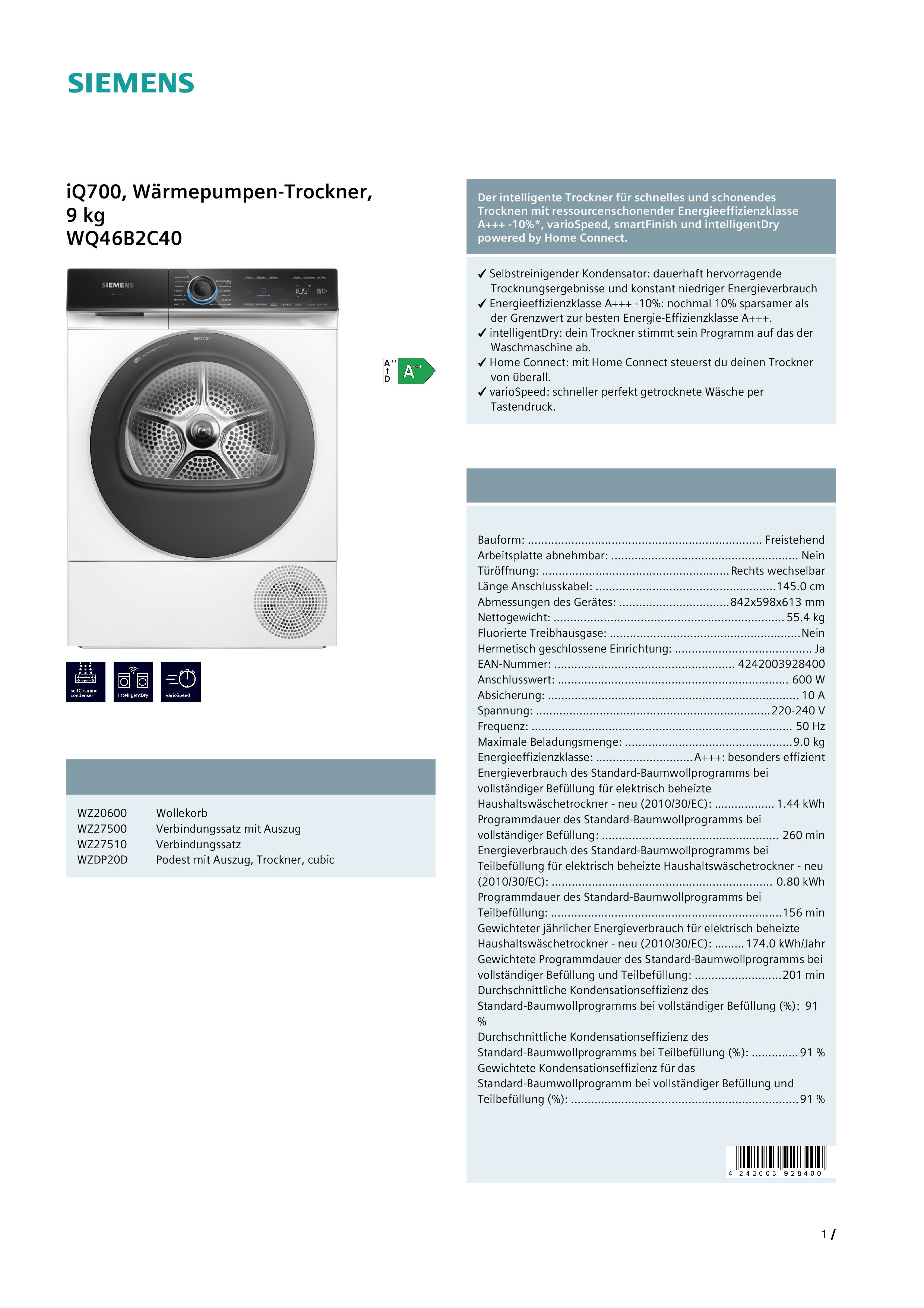 Siemens WQ46B2C40 Wärmepumpentrockner Kondensationseffizienzklasse A 9 kg Siemens WQ46B2C40 Wärmepumpentrockner Kondensationseffizienzklasse A 9 kg