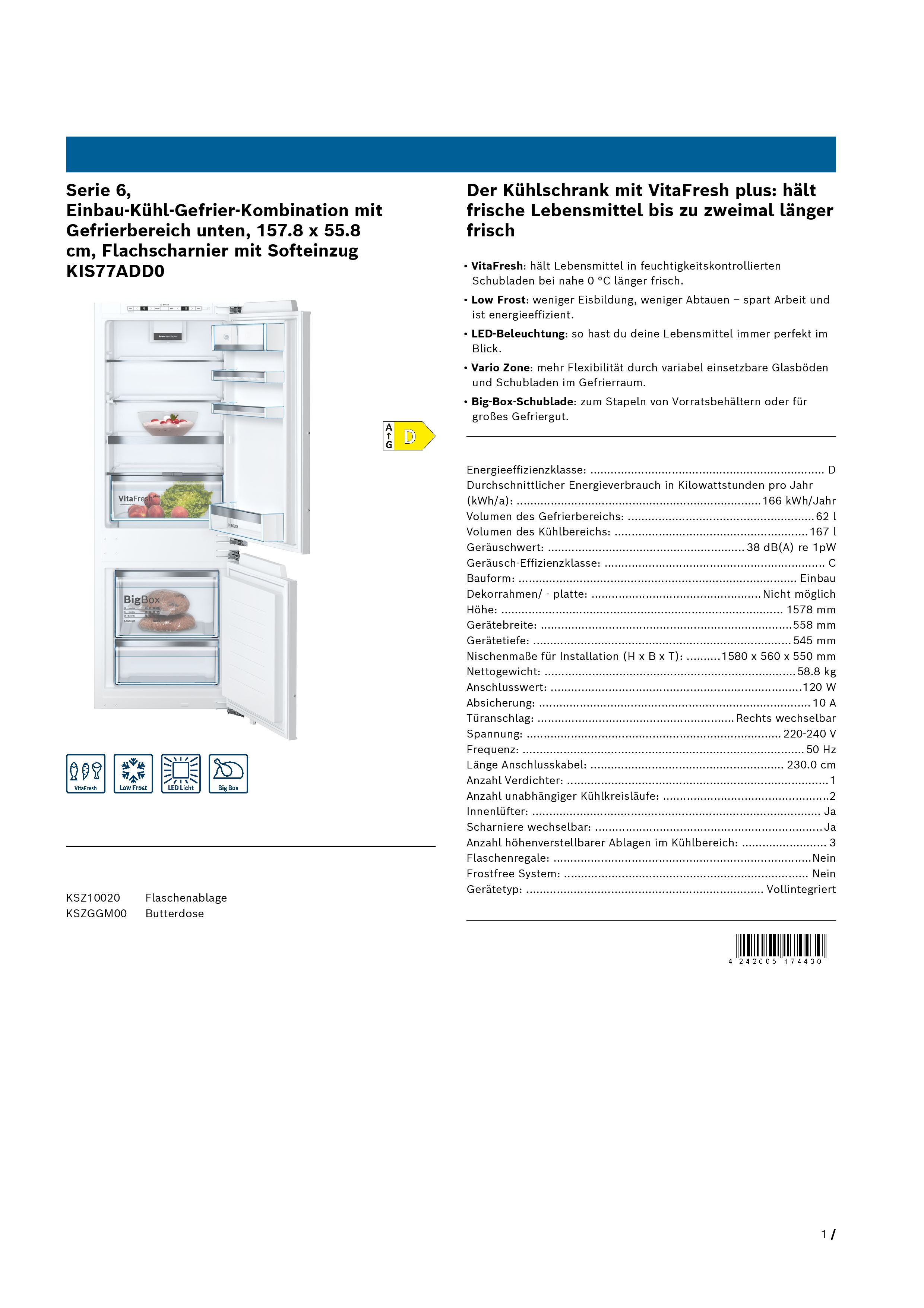 Bosch KIS77ADD0 Serie 6 Einbau-Kühl-Gefrier-Kombination Bosch KIS77ADD0 Serie 6 Einbau-Kühl-Gefrier-Kombination