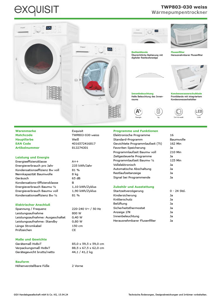 Exquisit TWP803-030 Wärmepumpentrockner – 8 kg, 16 Programme, Energieeffizienzklasse A++, Weiß Exquisit TWP803-030 Wärmepumpentrockner – 8 kg, 16 Programme, Energieeffizienzklasse A++, Weiß