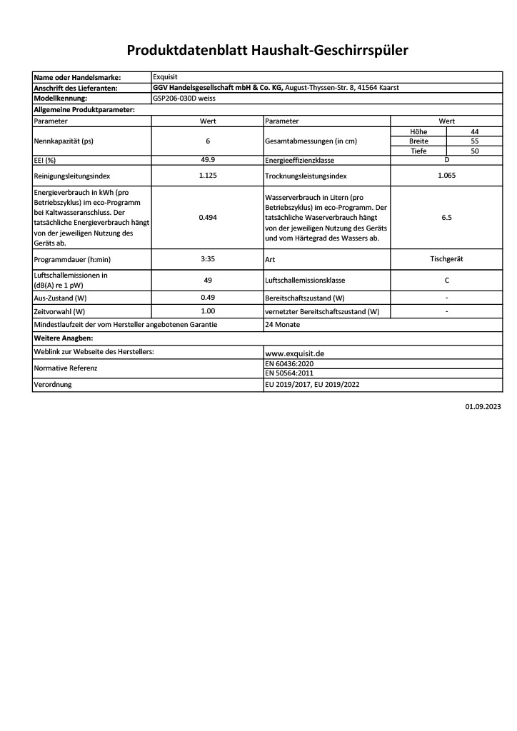 Exquisit GSP206-030D weiss Tischgeschirrspüler, kompakt, 8 Maßgedecke, Energieeffizienz D Exquisit GSP206-030D weiss Tischgeschirrspüler, kompakt, 8 Maßgedecke, Energieeffizienz D