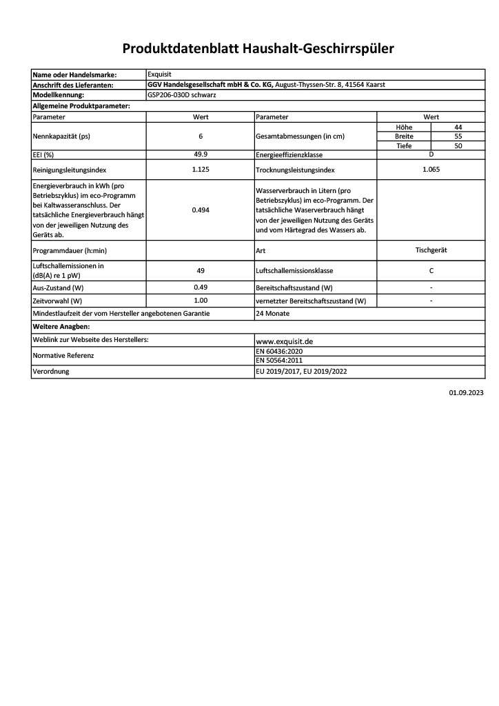 Exquisit GSP206-030D Tischgeschirrspüler, 8 Maßgedecke, kompakt, schwarz Exquisit GSP206-030D Tischgeschirrspüler, 8 Maßgedecke, kompakt, schwarz
