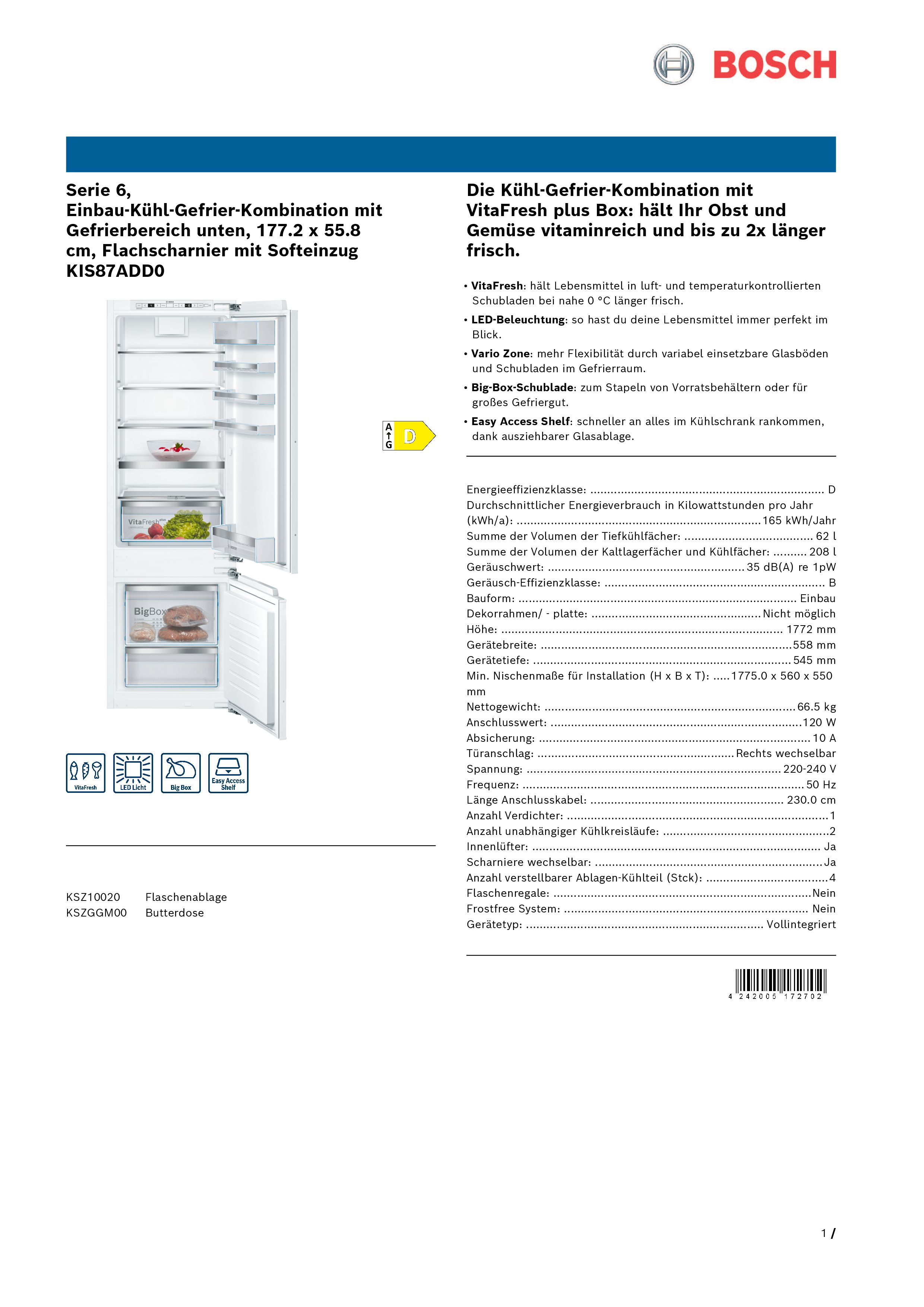 Bosch KIS87ADD0 Einbaukühl-Gefrierkombination Bosch KIS87ADD0 Einbaukühl-Gefrierkombination