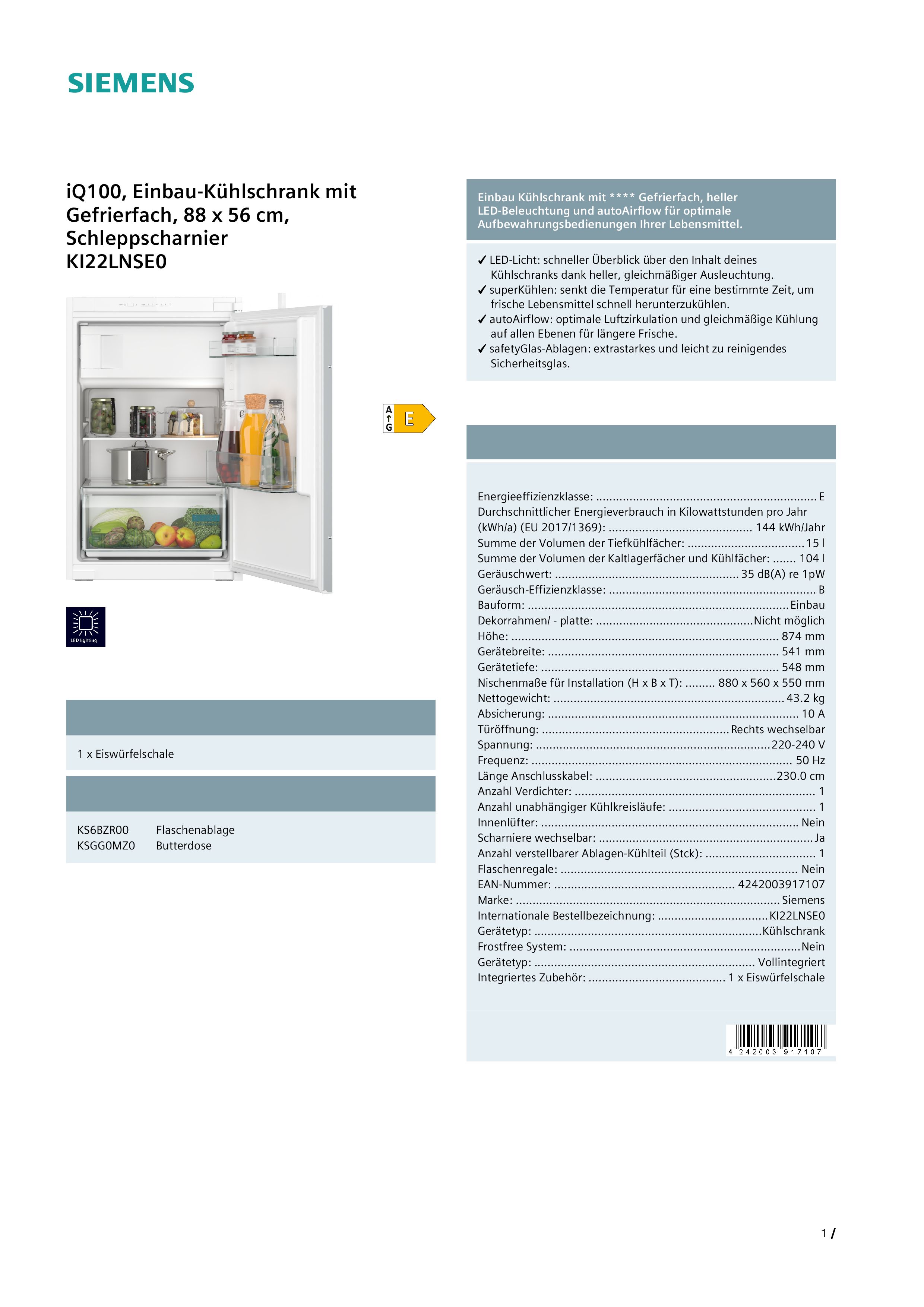 Siemens KI22LNSE0 iQ100 Einbau-Kühlschrank mit Gefrierfach