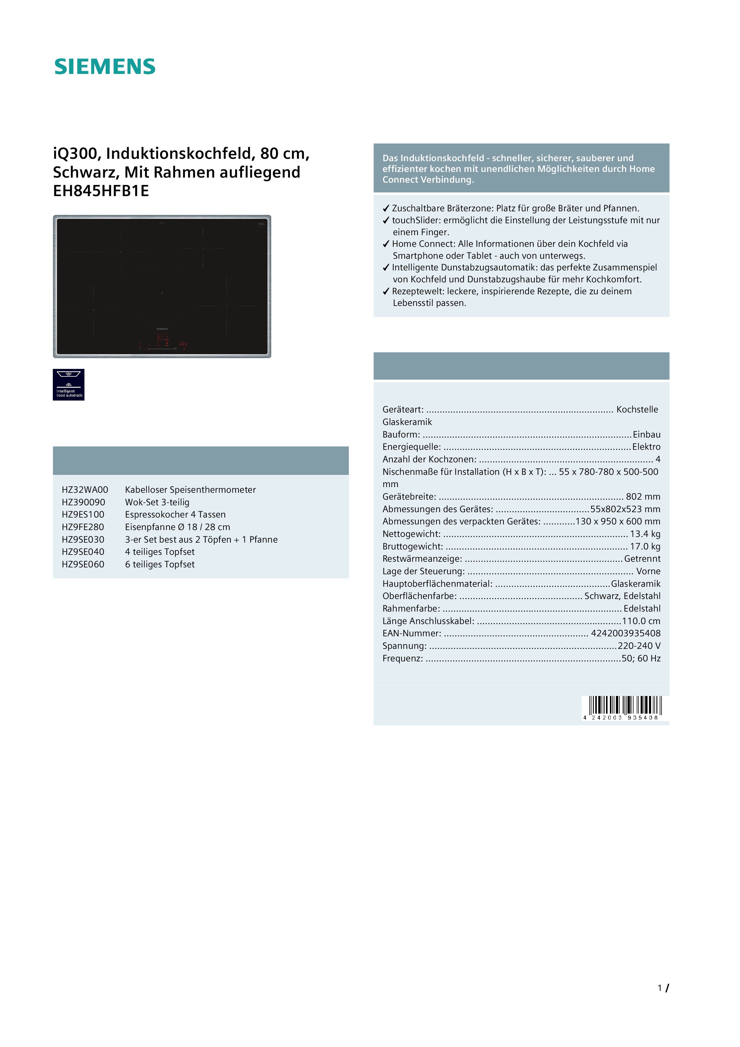 Siemens EH845HFB1E Induktionskochfeld  flacher, breiter Rahmen  autark  aufliegender Einbau  Standardbreite 85 