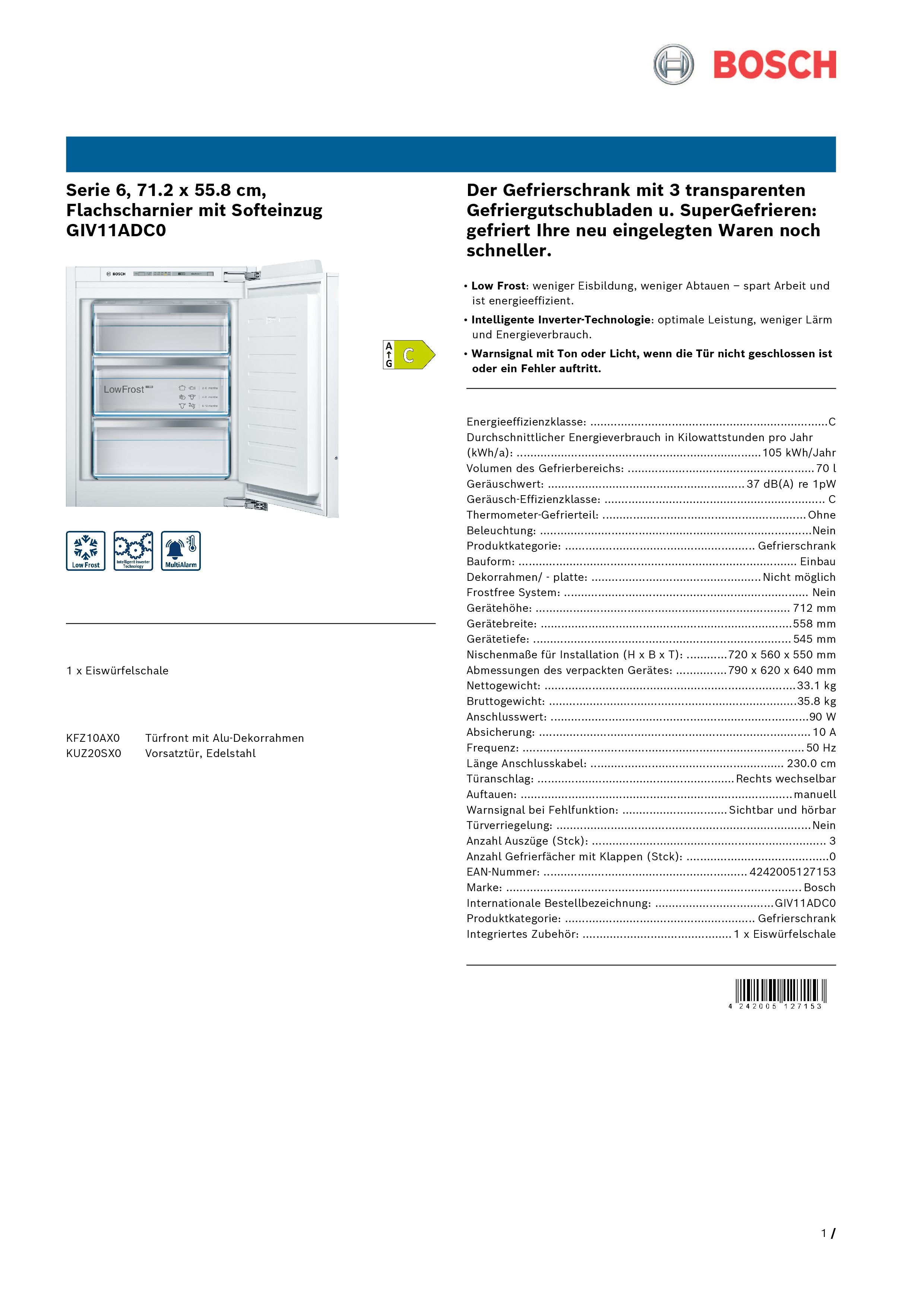 Bosch GIV11ADC0 Einbaugefrierschrank Schnellgefrieren Bosch GIV11ADC0 Einbaugefrierschrank Schnellgefrieren
