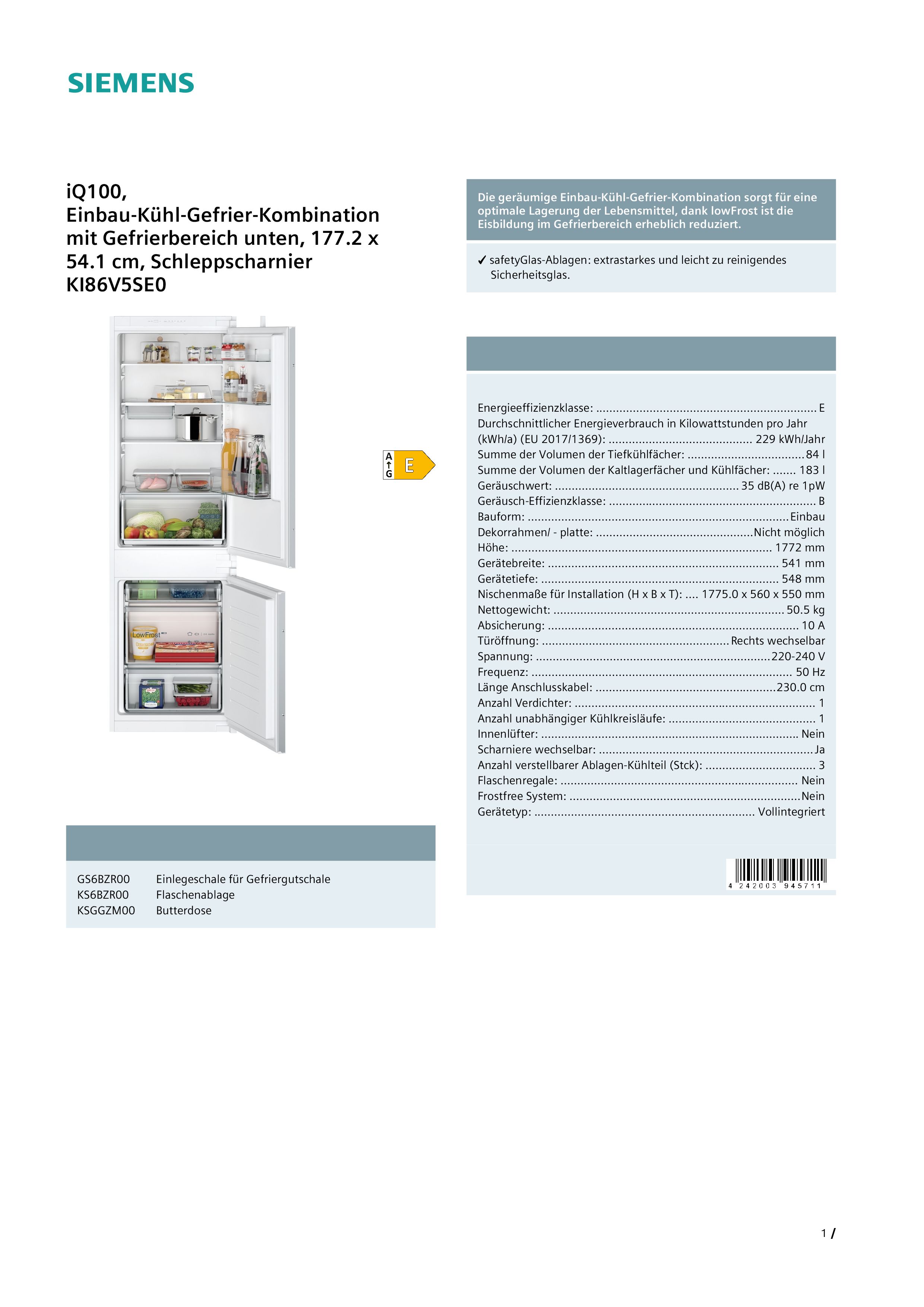 Siemens KI86V5SE0  EINBAU-KÜHL-GEFRIERKOMBINATION