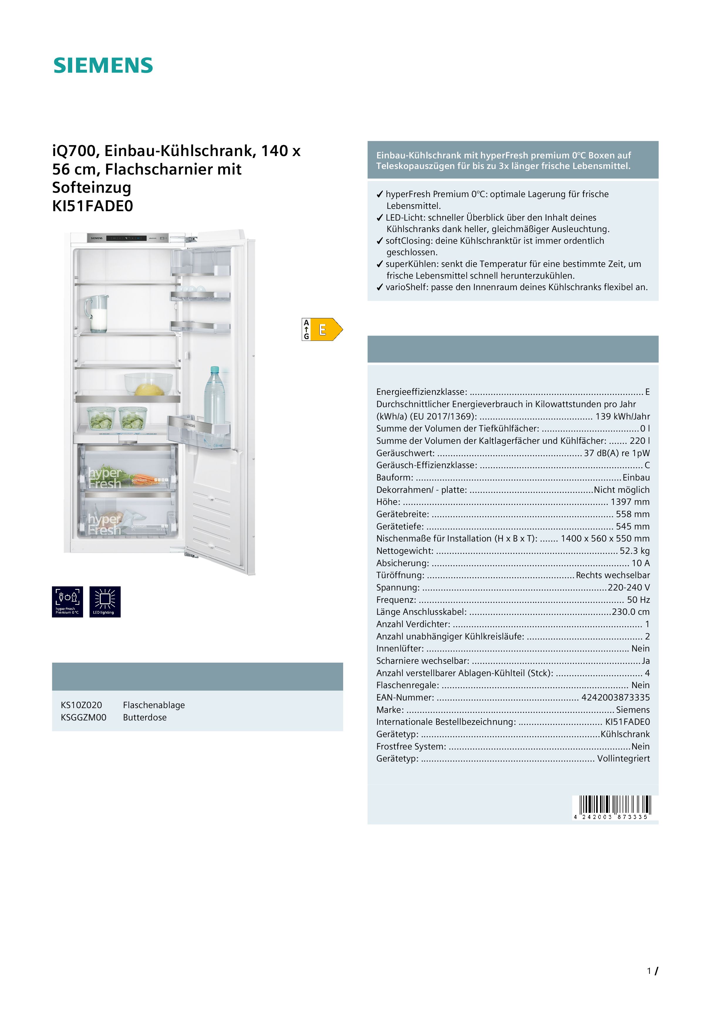 Siemens Ausstellungsstück KI51FADE0 iQ700 Einbau-Kühlschrank 140 x 56 cm MG 856 Siemens Ausstellungsstück KI51FADE0 iQ700 Einbau-Kühlschrank 140 x 56 cm MG 856