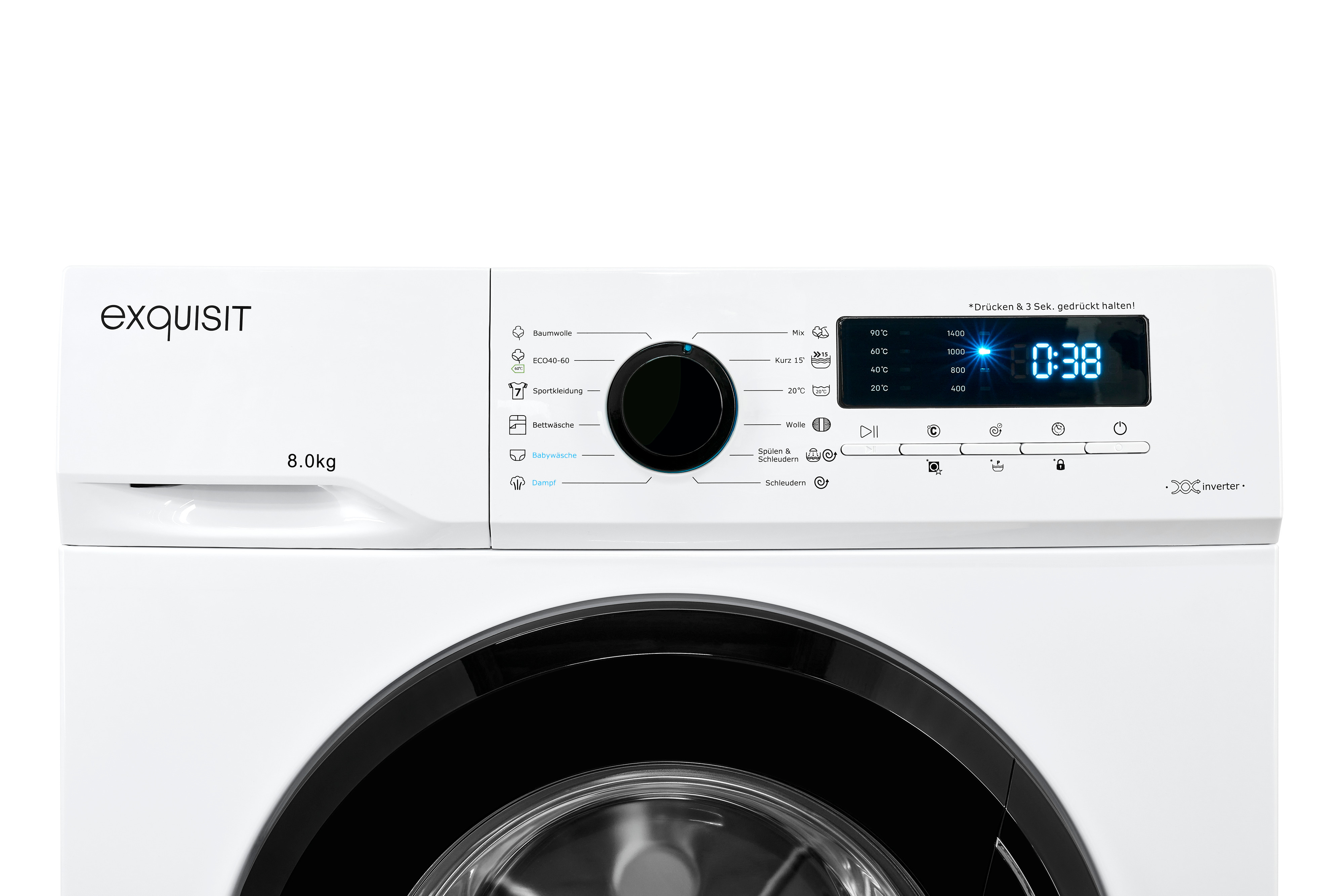 Exquisit WA8014-020A Waschmaschine – 8 kg, Energieeffizienz A, 1400 U/Min, Schwarz-Weiß