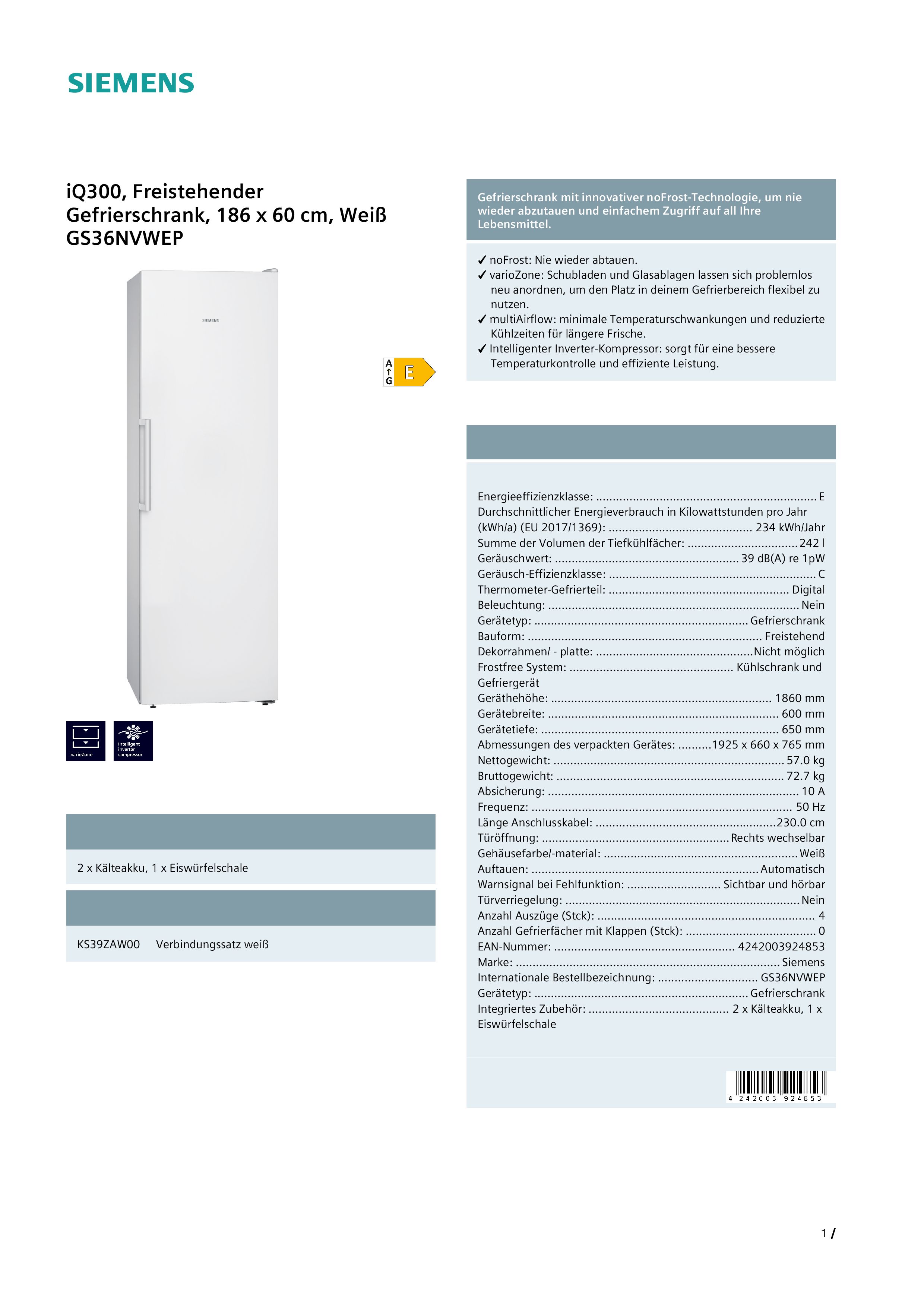 Siemens GS36NVWEP Standgefrierschrank 234 kWh/Jahr 242 Liter Siemens GS36NVWEP Standgefrierschrank 234 kWh/Jahr 242 Liter