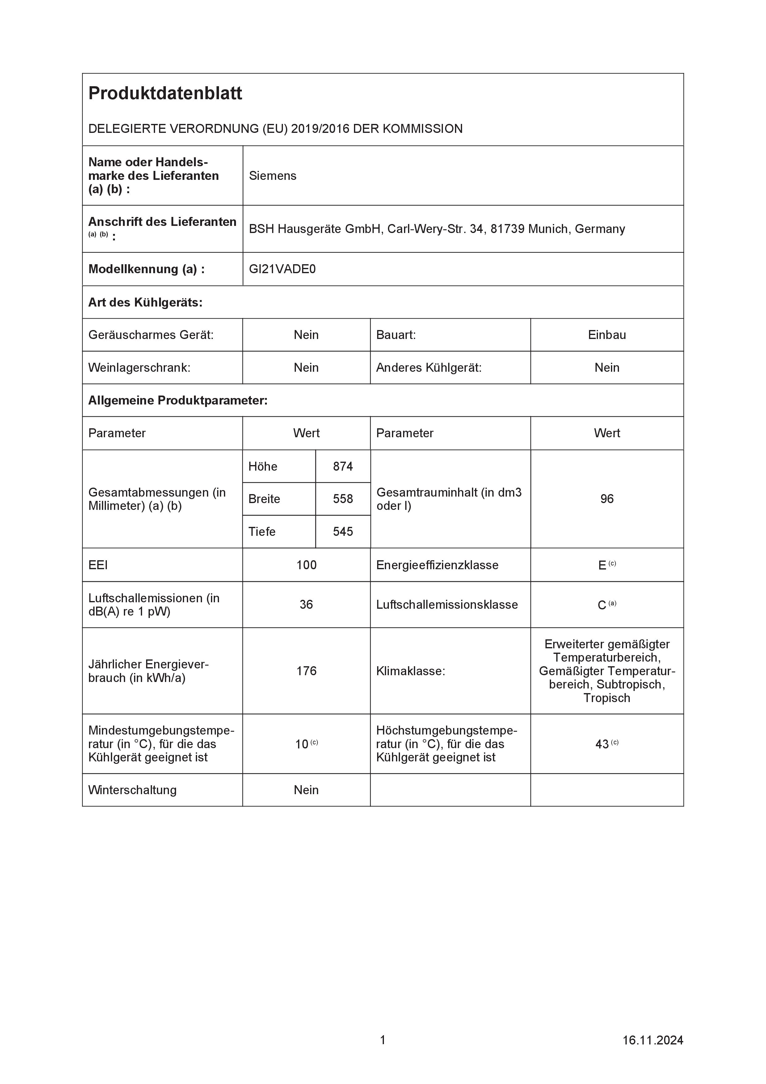 Siemens GI21VADE0  Einbaugefrierschrank  176 kWh/Jahr  96 Liter