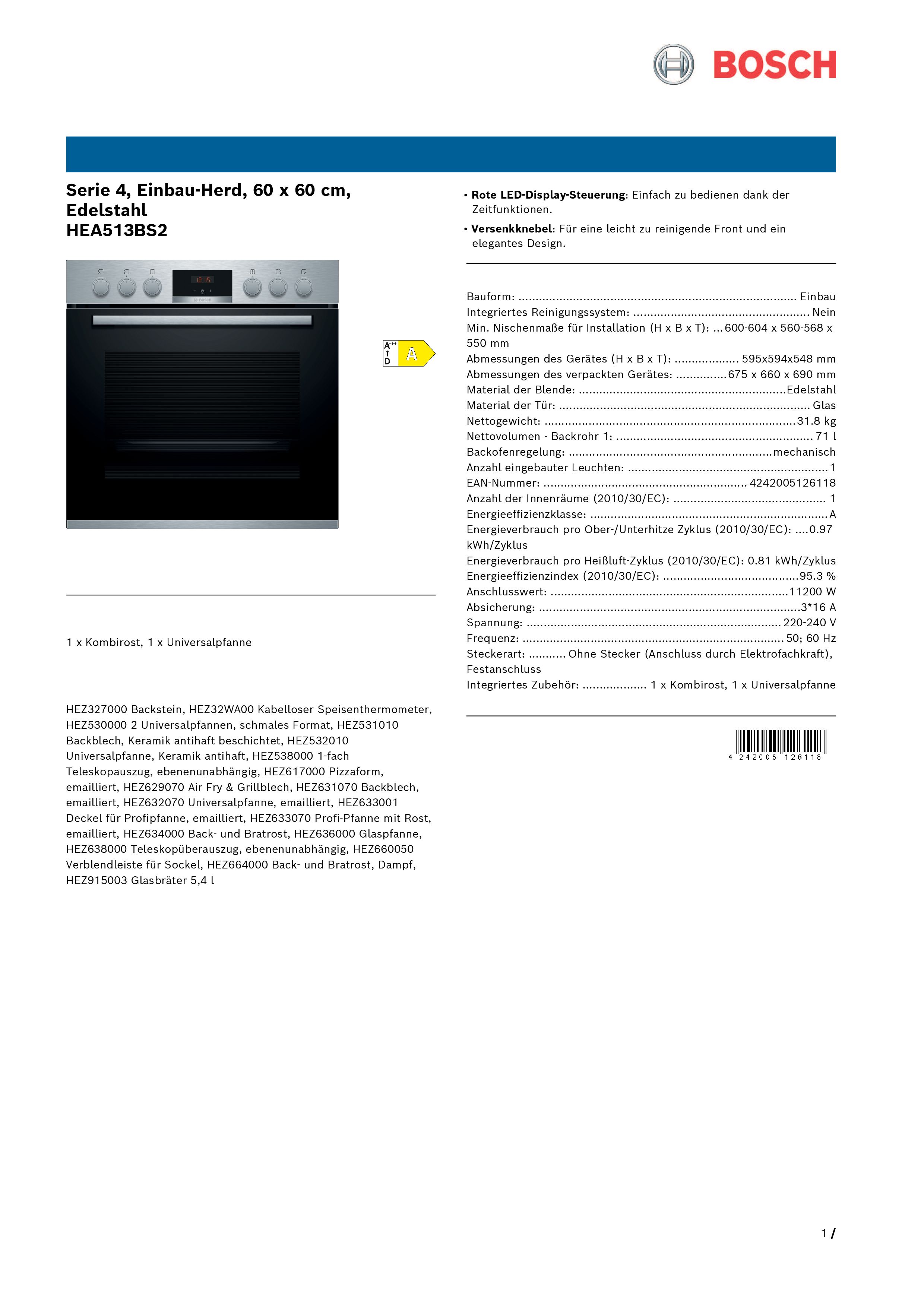 Bosch HEA513BS2  Einbauherd  71 Liter  Breite 60 cm  Teleskopauszug  Ober-/Unterhitze  Grill 