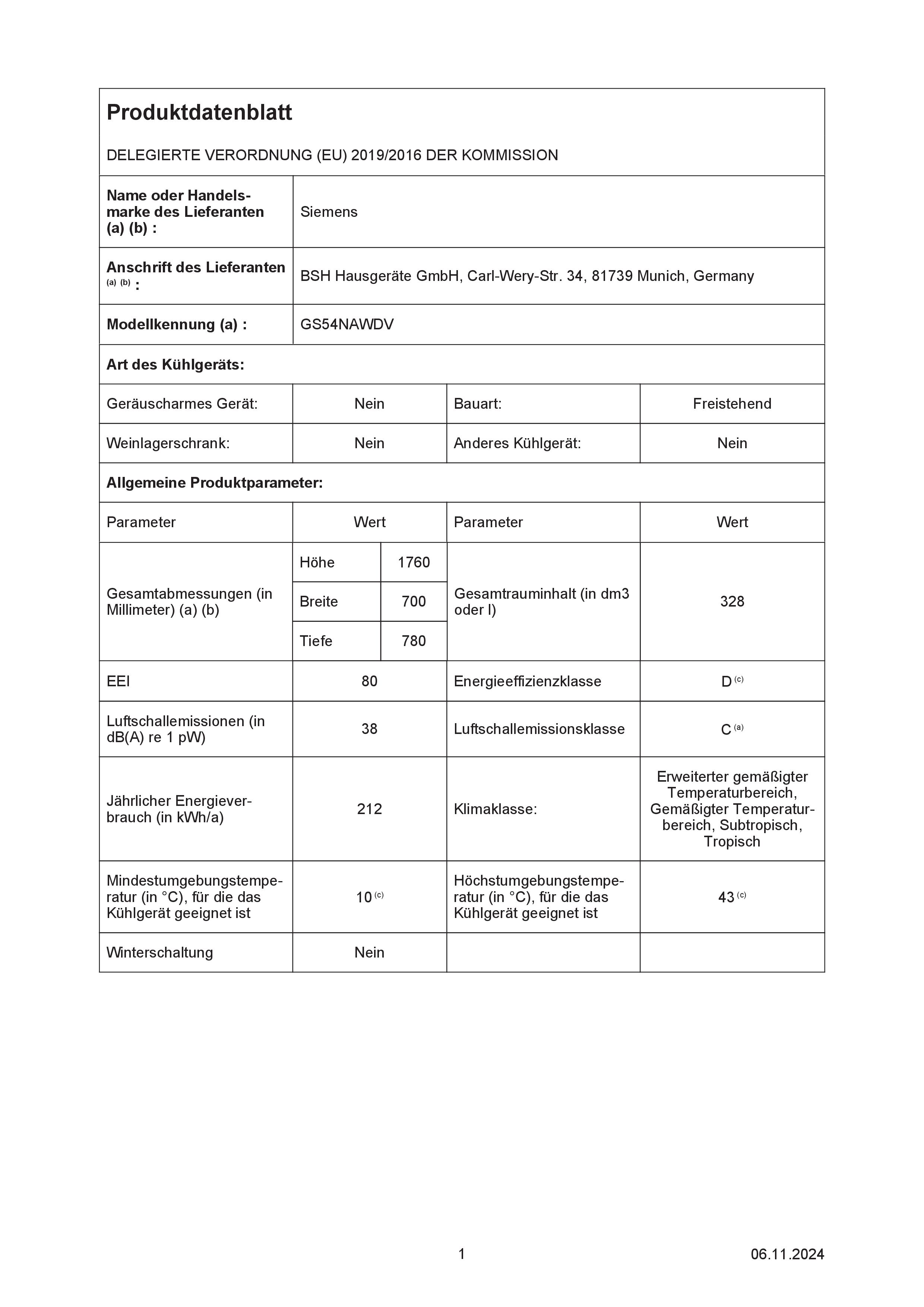 Siemens GS54NAWDV iQ500 Freistehender Gefrierschrank