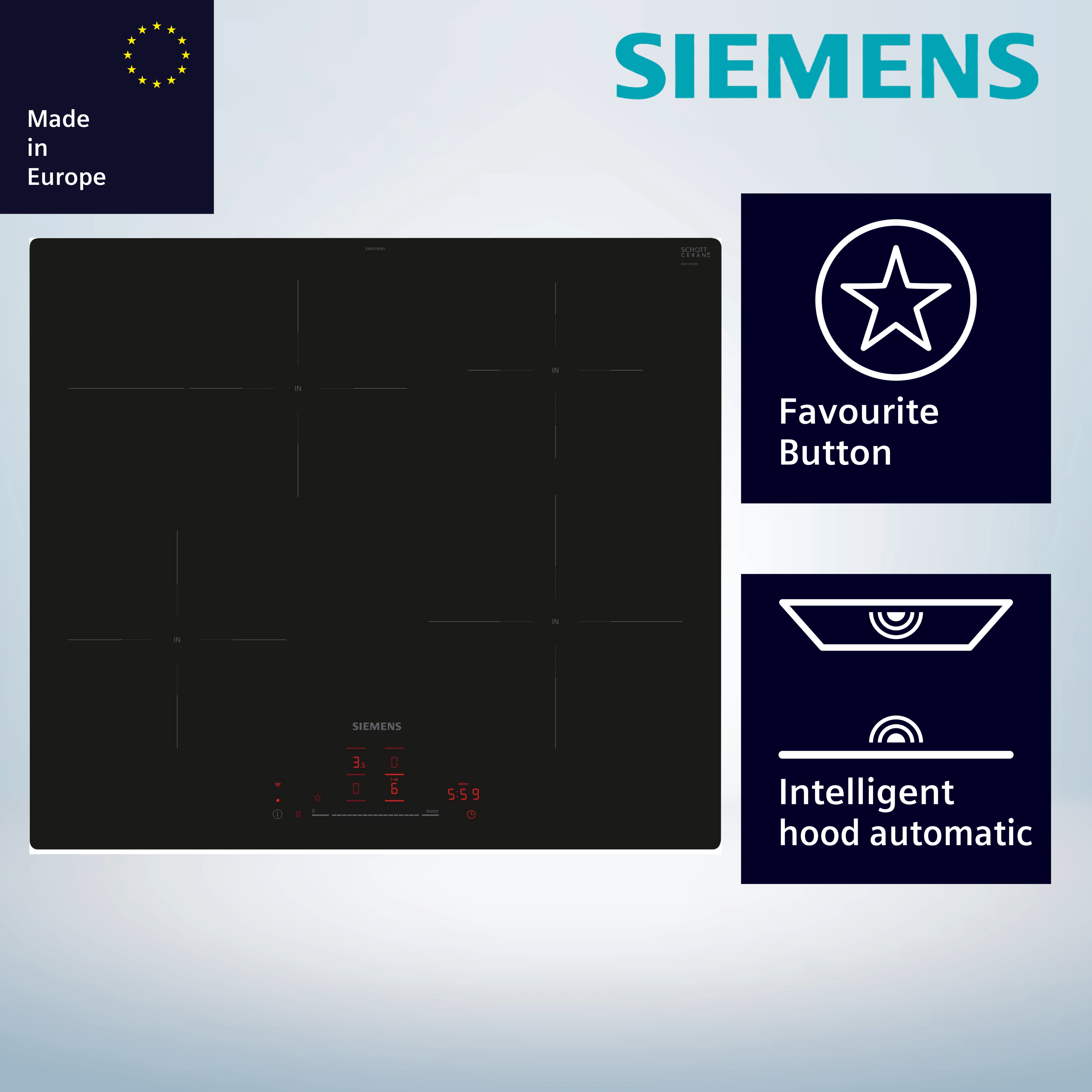 Siemens EH601HFB1E Induktionskochfeld autark flächenbündiger Einbau Standardbreite 60 Siemens EH601HFB1E Induktionskochfeld autark flächenbündiger Einbau Standardbreite 60
