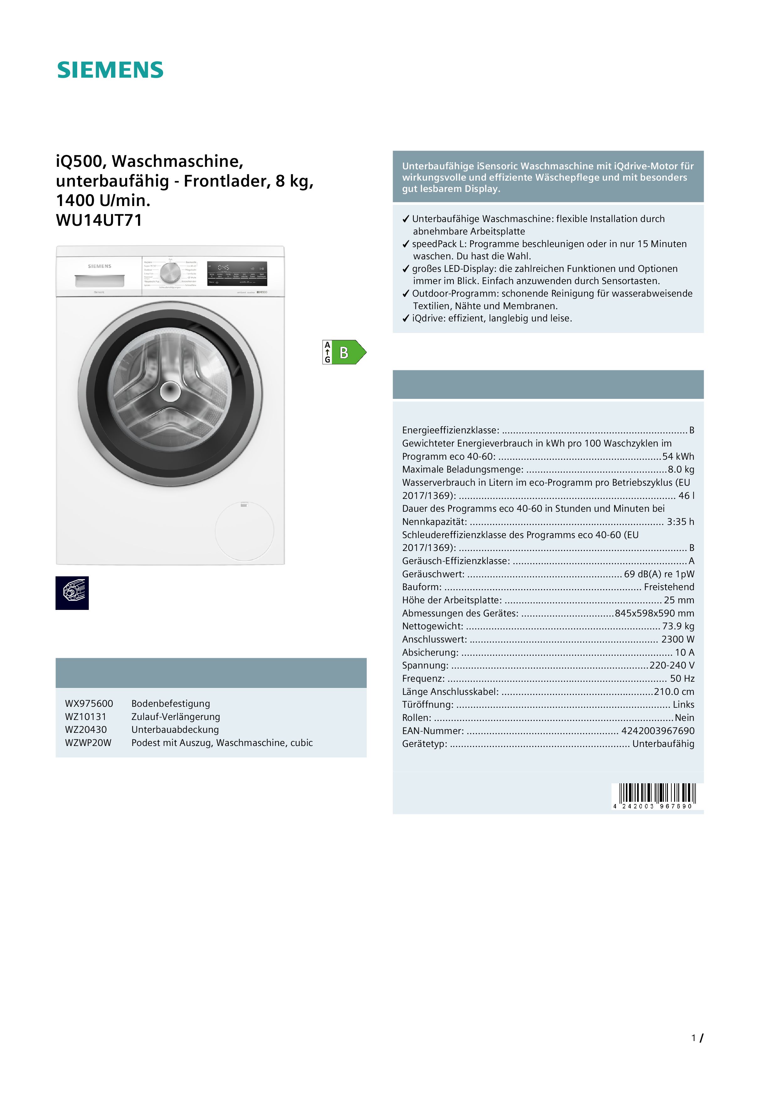 Siemens WU14UT71 Unterbau-Waschmaschine 8 kg, 1400 u/min, Antiflecken-System Siemens WU14UT71 Unterbau-Waschmaschine 8 kg, 1400 u/min, Antiflecken-System
