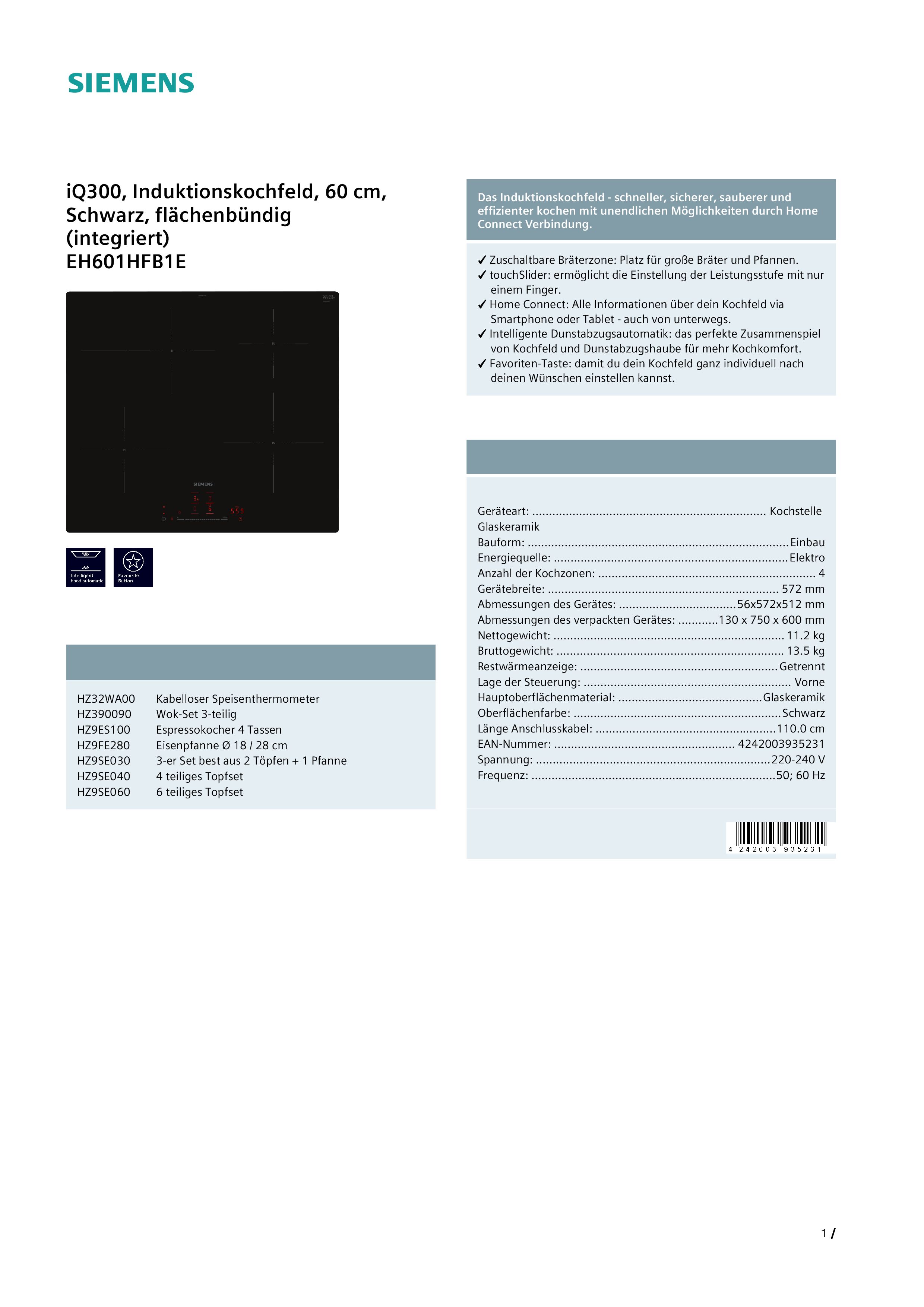 Siemens EH601HFB1E Induktionskochfeld autark flächenbündiger Einbau Standardbreite 60 Siemens EH601HFB1E Induktionskochfeld autark flächenbündiger Einbau Standardbreite 60
