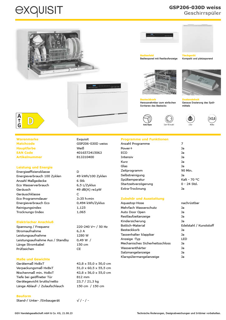 Exquisit GSP206-030D weiss Tischgeschirrspüler, kompakt, 8 Maßgedecke, Energieeffizienz D Exquisit GSP206-030D weiss Tischgeschirrspüler, kompakt, 8 Maßgedecke, Energieeffizienz D