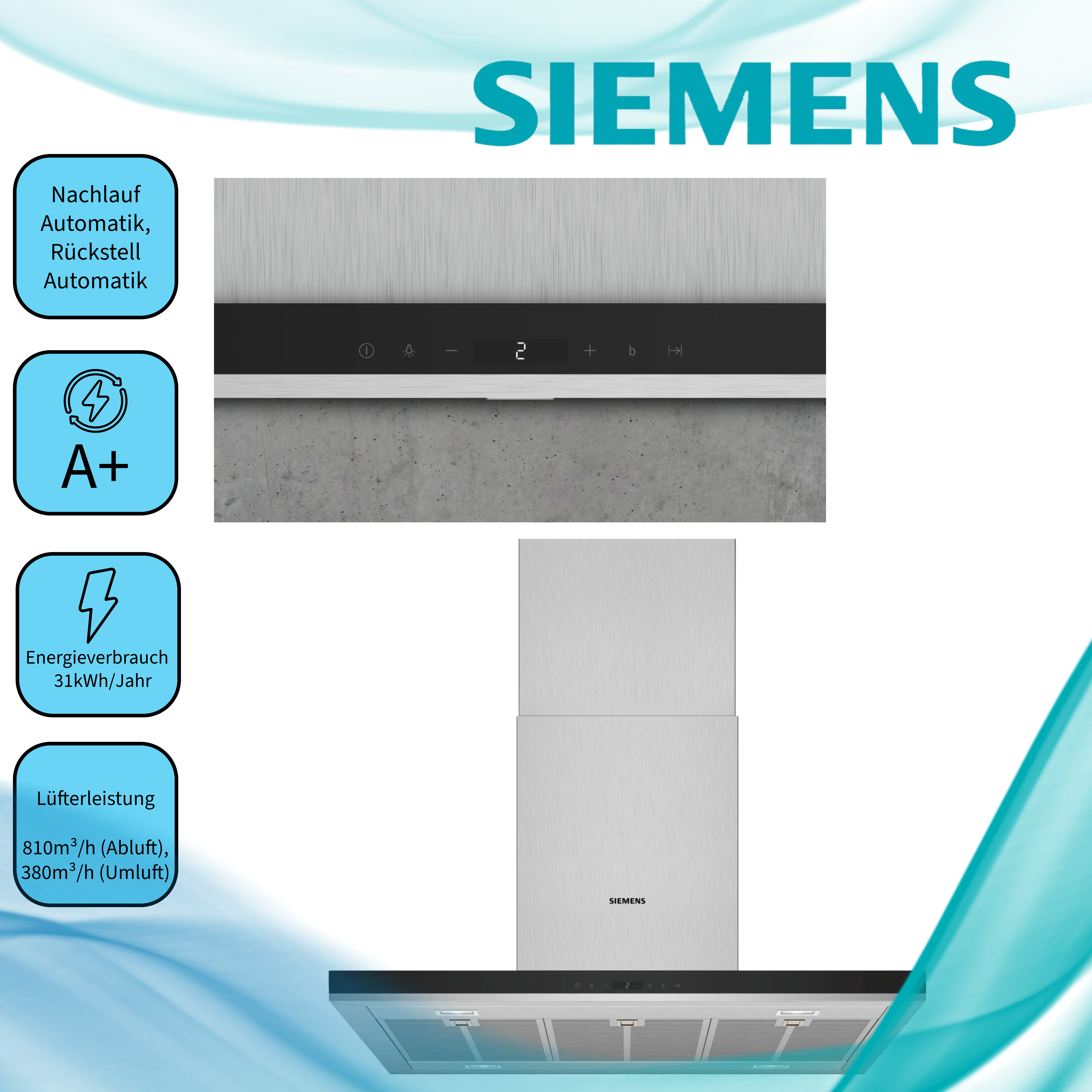 Siemens LF98BIP50 Edelstahl Insel-Esse, 90 cm Box-Esse iQ500