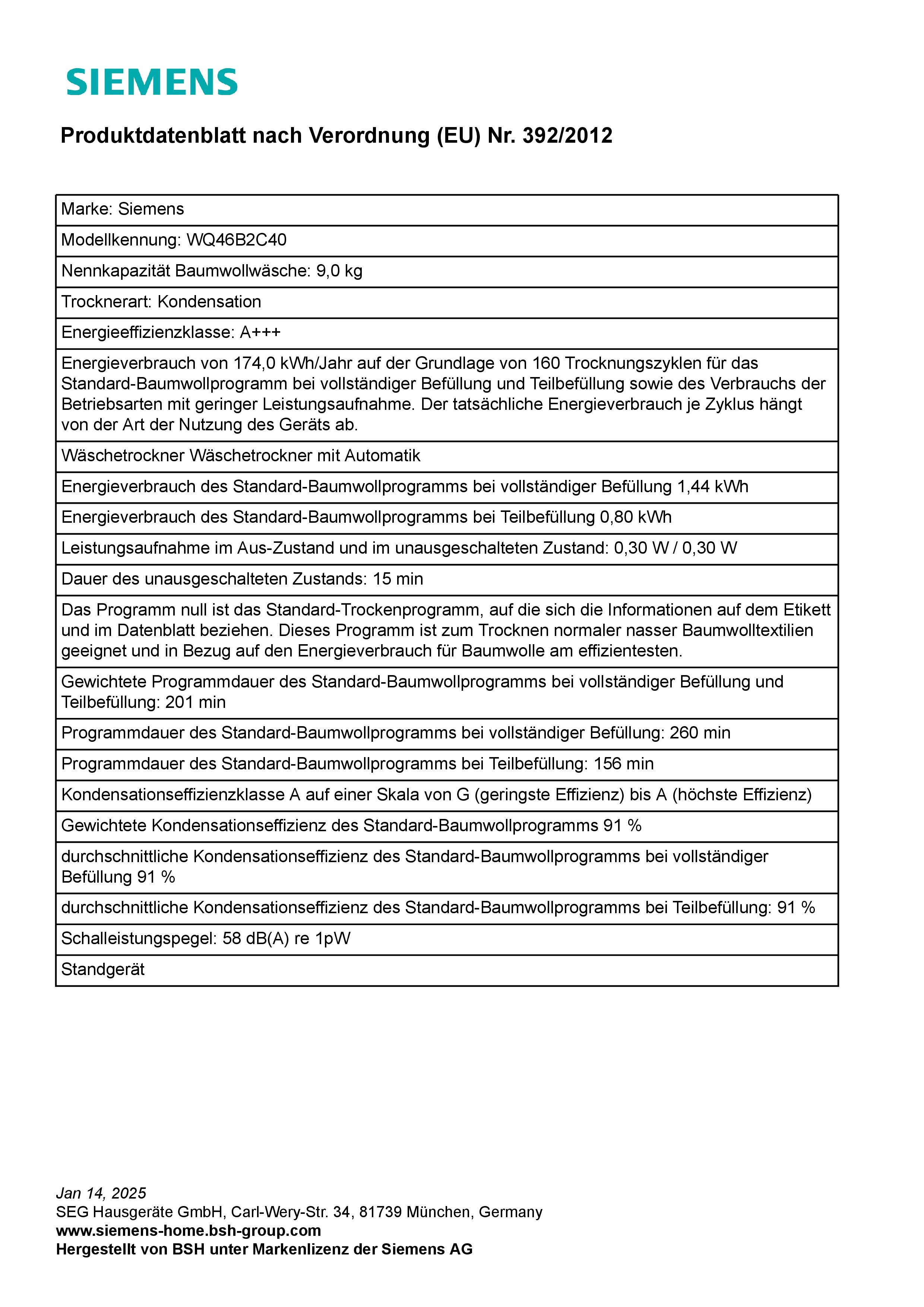 Siemens WQ46B2C40 Wärmepumpentrockner Kondensationseffizienzklasse A 9 kg Siemens WQ46B2C40 Wärmepumpentrockner Kondensationseffizienzklasse A 9 kg