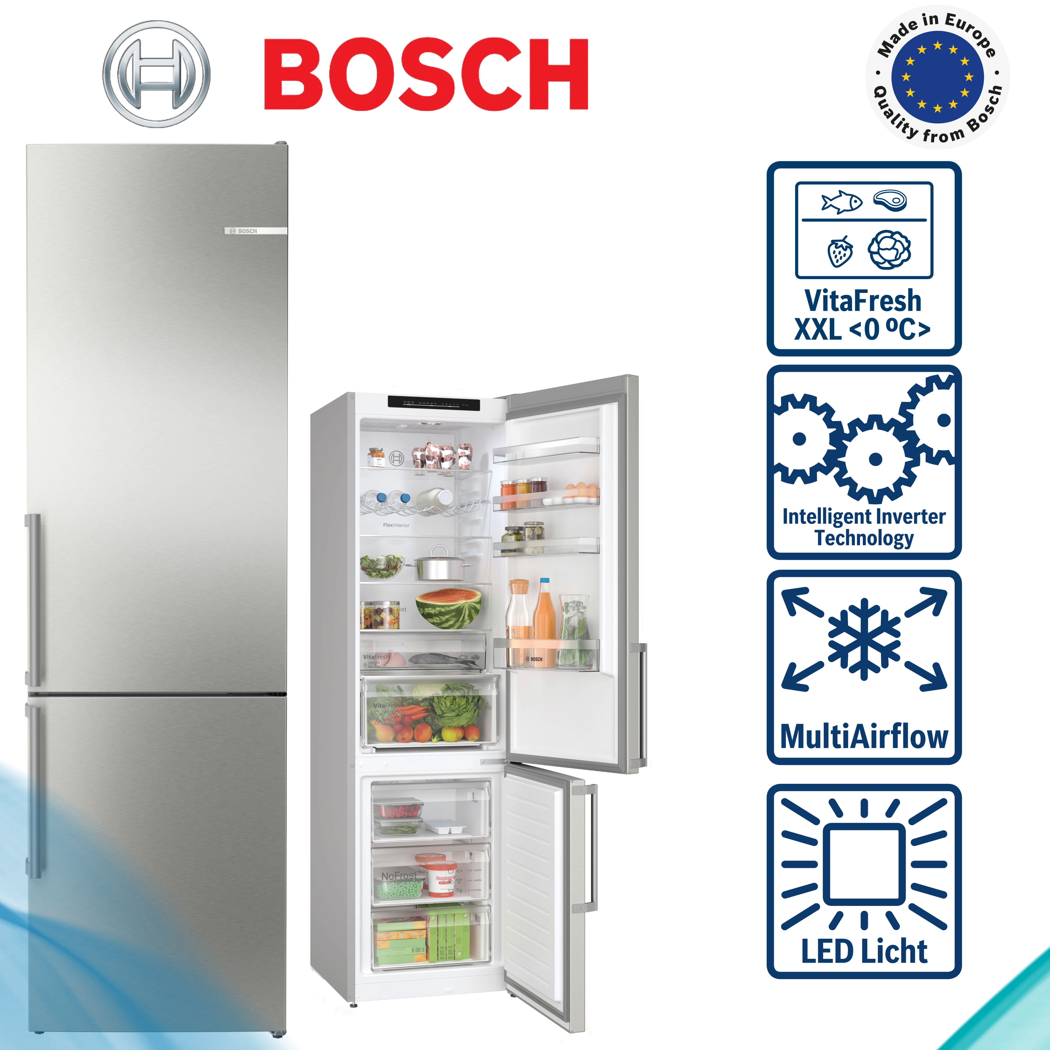 Bosch KGN39VIBT Kühl-Gefrierkombination  Inhalt Kühlbereich 260 Liter  Höhe 203 cm