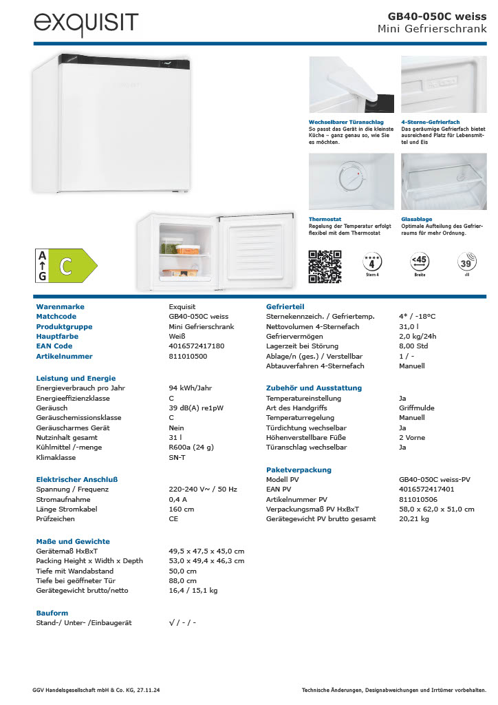 Exquisit GB40-050C – Weißer Tisch-Gefrierschrank, 31L, Energieeffizienz C, 39 dB, Exquisit GB40-050C – Weißer Tisch-Gefrierschrank, 31L, Energieeffizienz C, 39 dB,